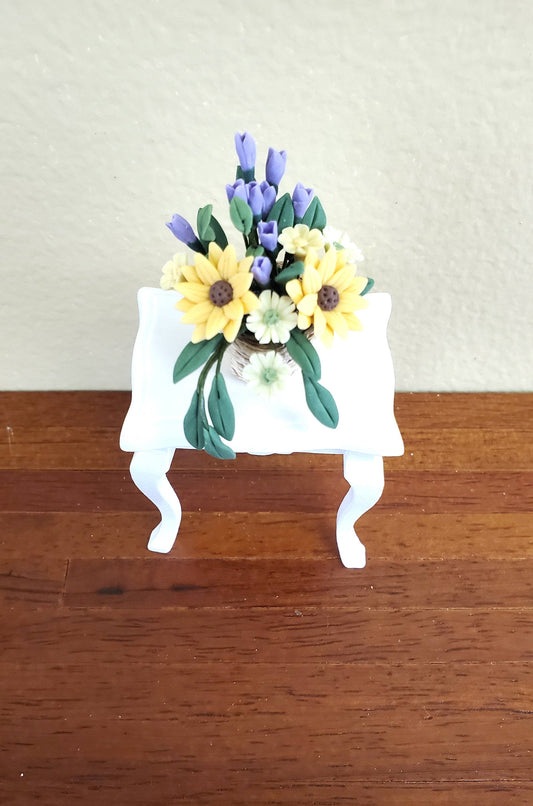 Dollhouse Miniature Flowers Yellow Daisies Purple Tulips in a Twine Basket 1:12 Scale