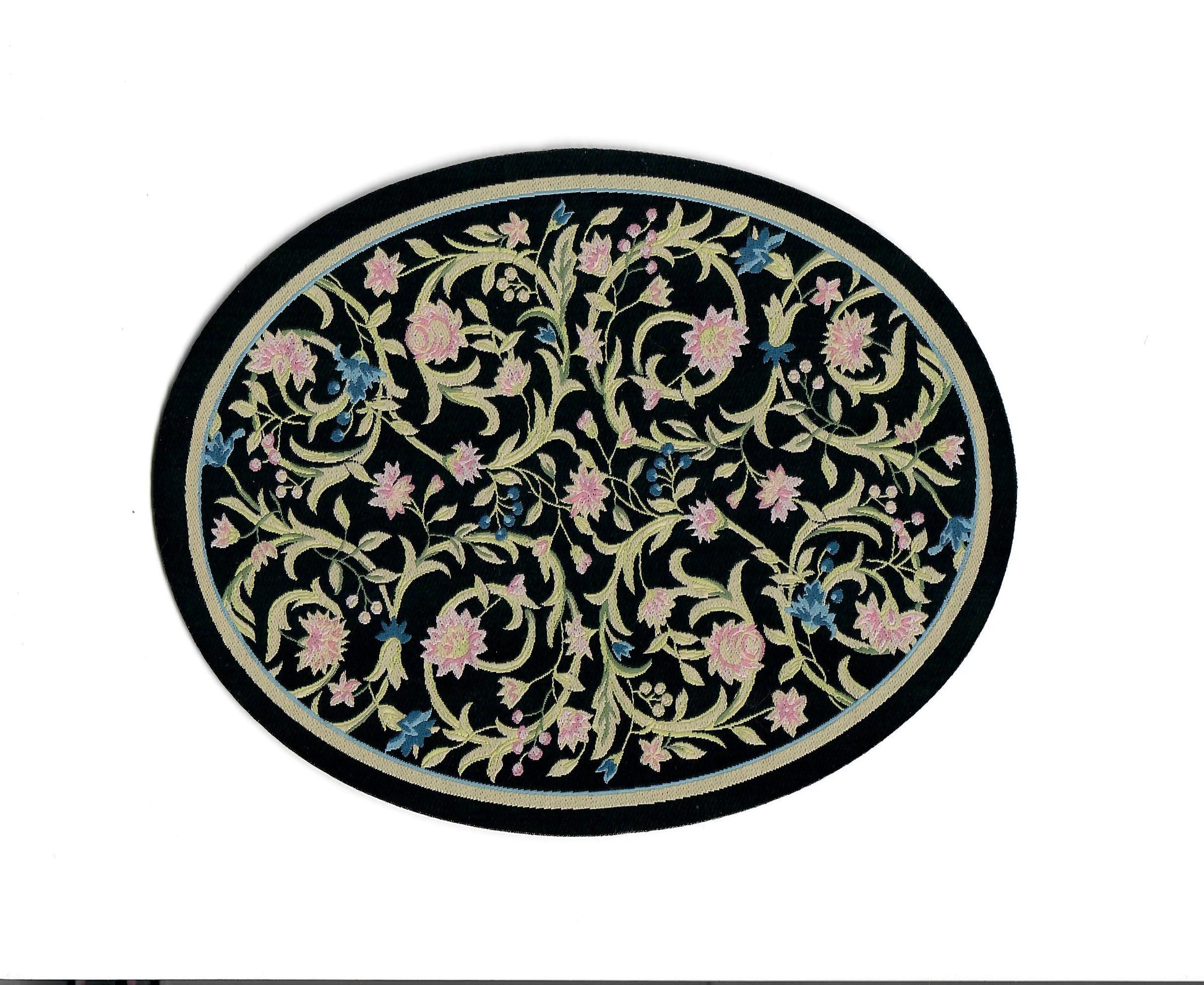 Dollhouse Oval Rug Fabric Black Pink and Blue Floral 1:12 Scale Miniature