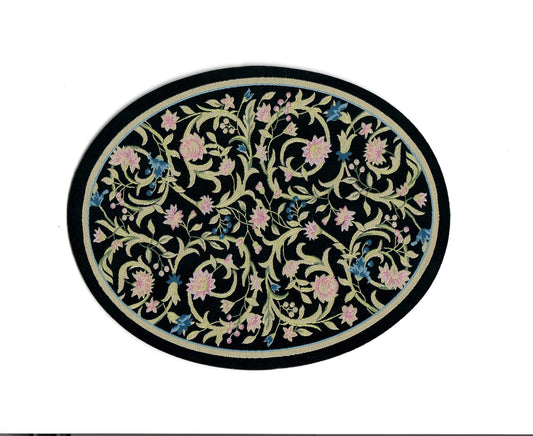 Dollhouse Oval Rug Fabric Black Pink and Blue Floral 1:12 Scale Miniature