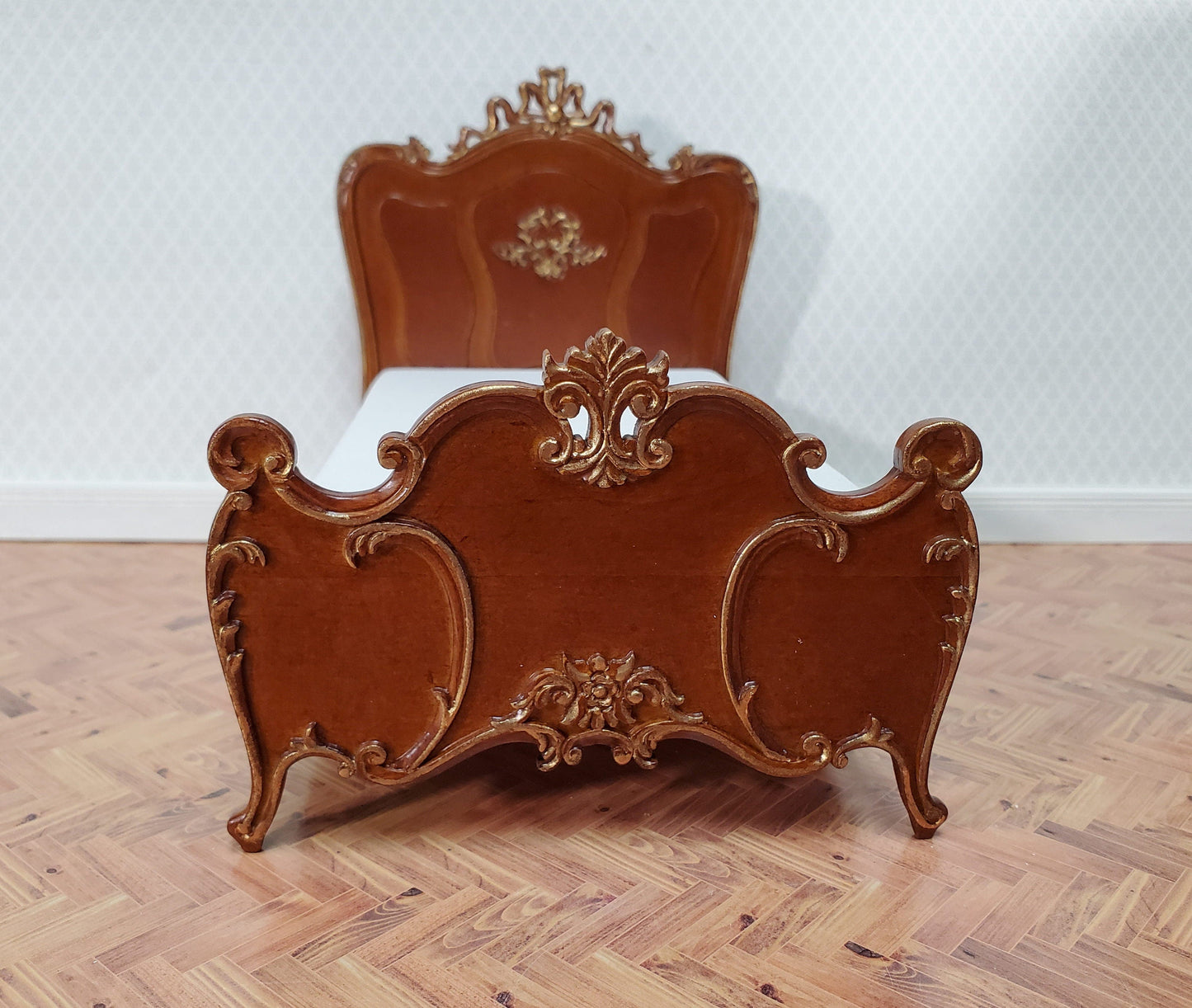 JBM Dollhouse Bed Late Victorian Era Style 1:12 Miniature Furniture Walnut Finish
