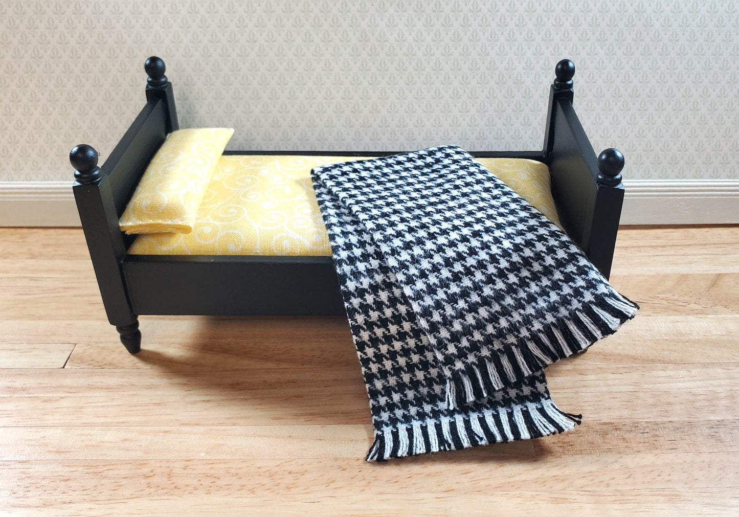 Dollhouse Fringed Blanket Throw Black & White Houndstooth Fabric