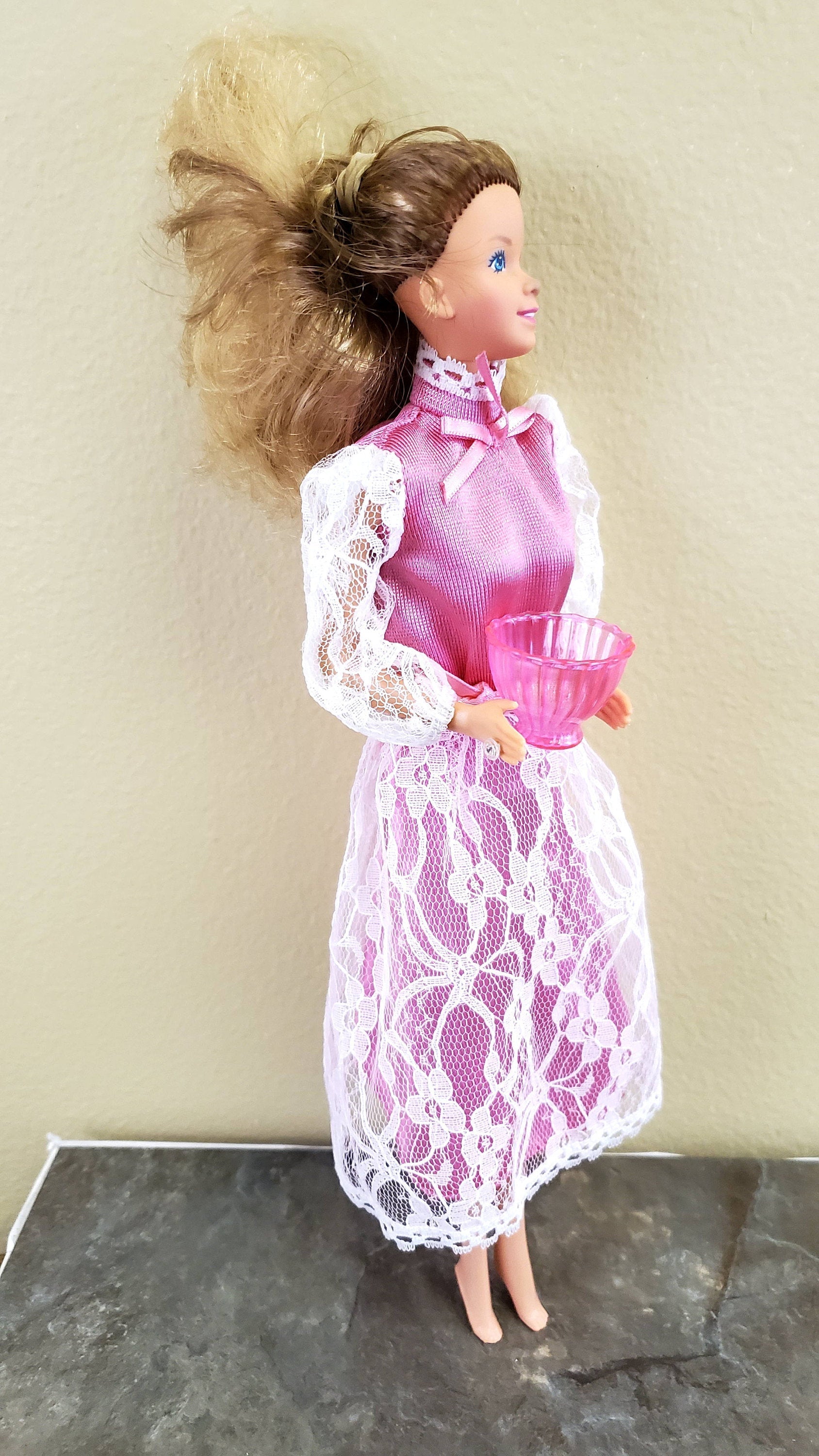 Miniature Glass Serving Bowl 1:6 Scale Bright Pink 6" tall