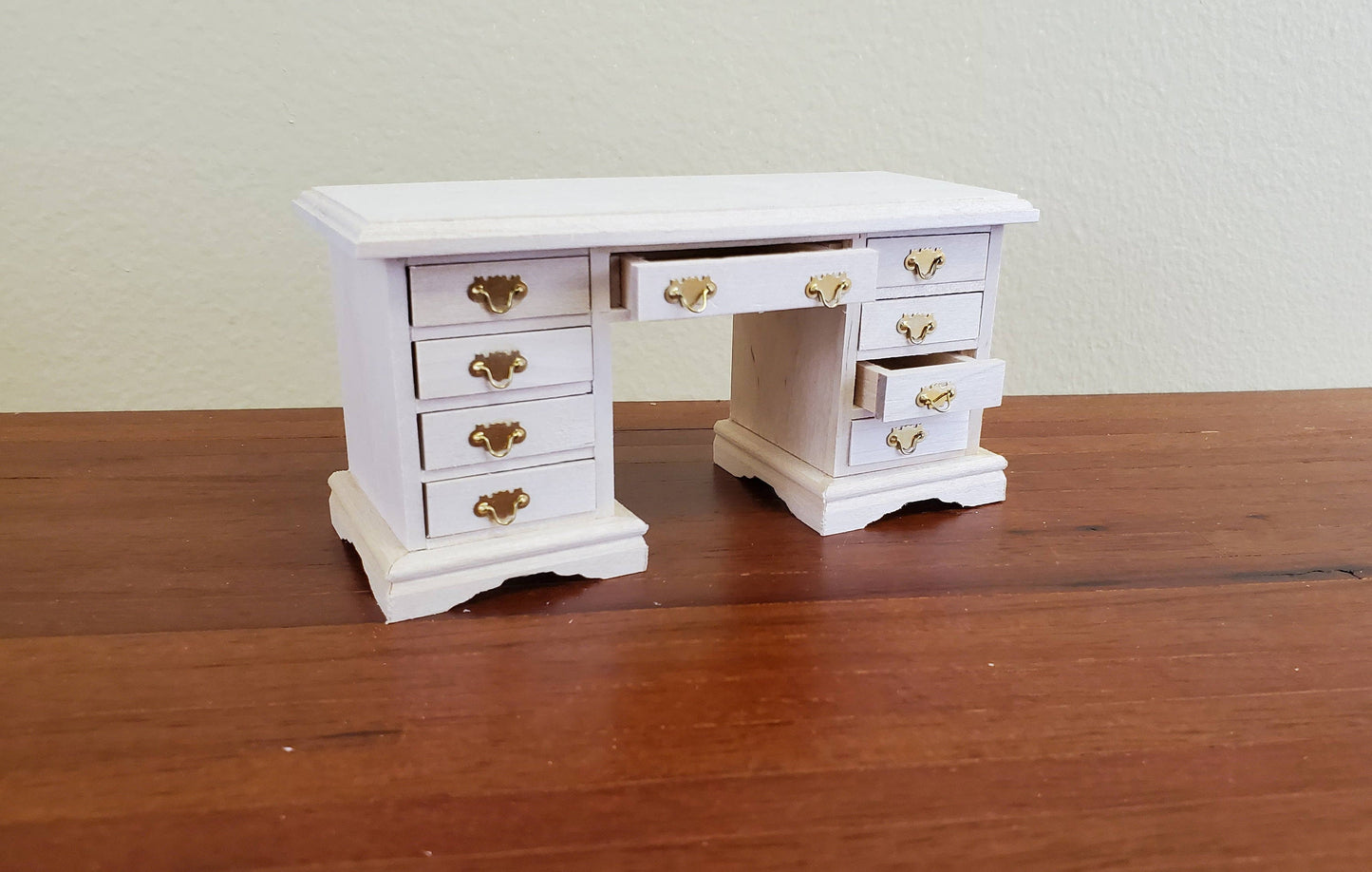 Dollhouse Miniature Kneehole Writing Desk with Drawers 1:12 Scale Furniture Barewood