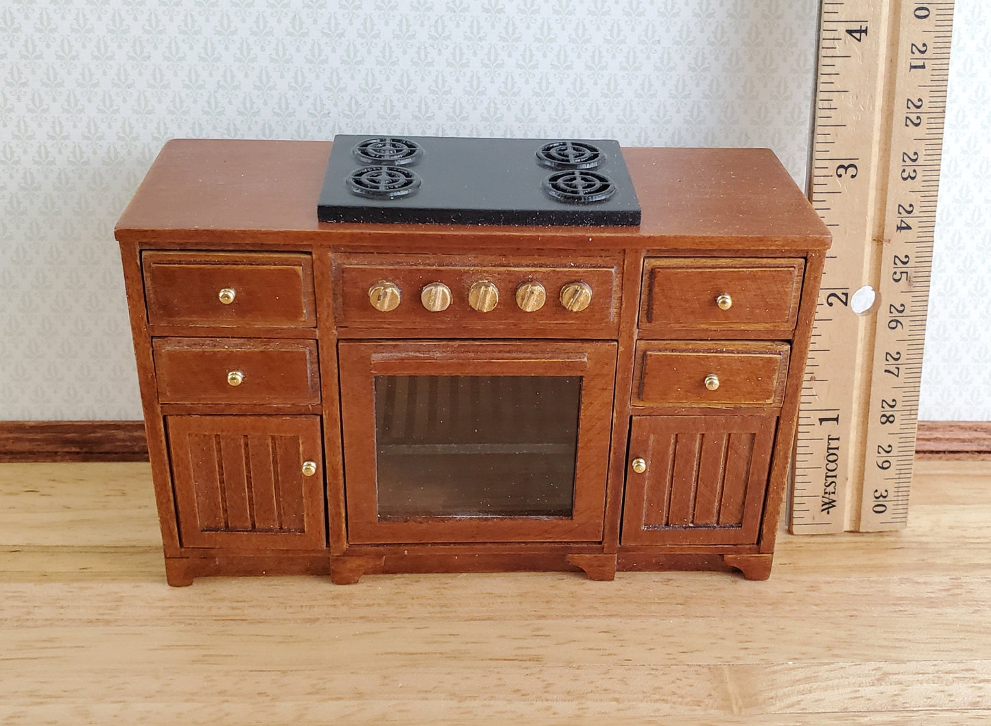 JBM Dollhouse Miniature Kitchen Stove Oven Cabinet Walnut 1:12 Scale Cupboard