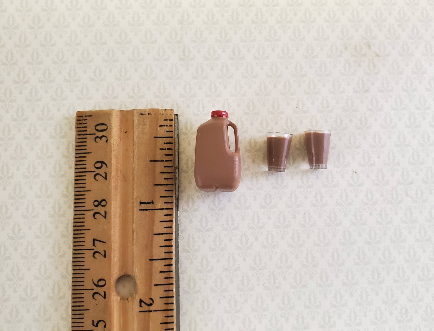 Dollhouse Miniature Chocolate Milk Gallon Jug with 2 Filled Glasses 1:12 Scale Food Kitchen Accessory