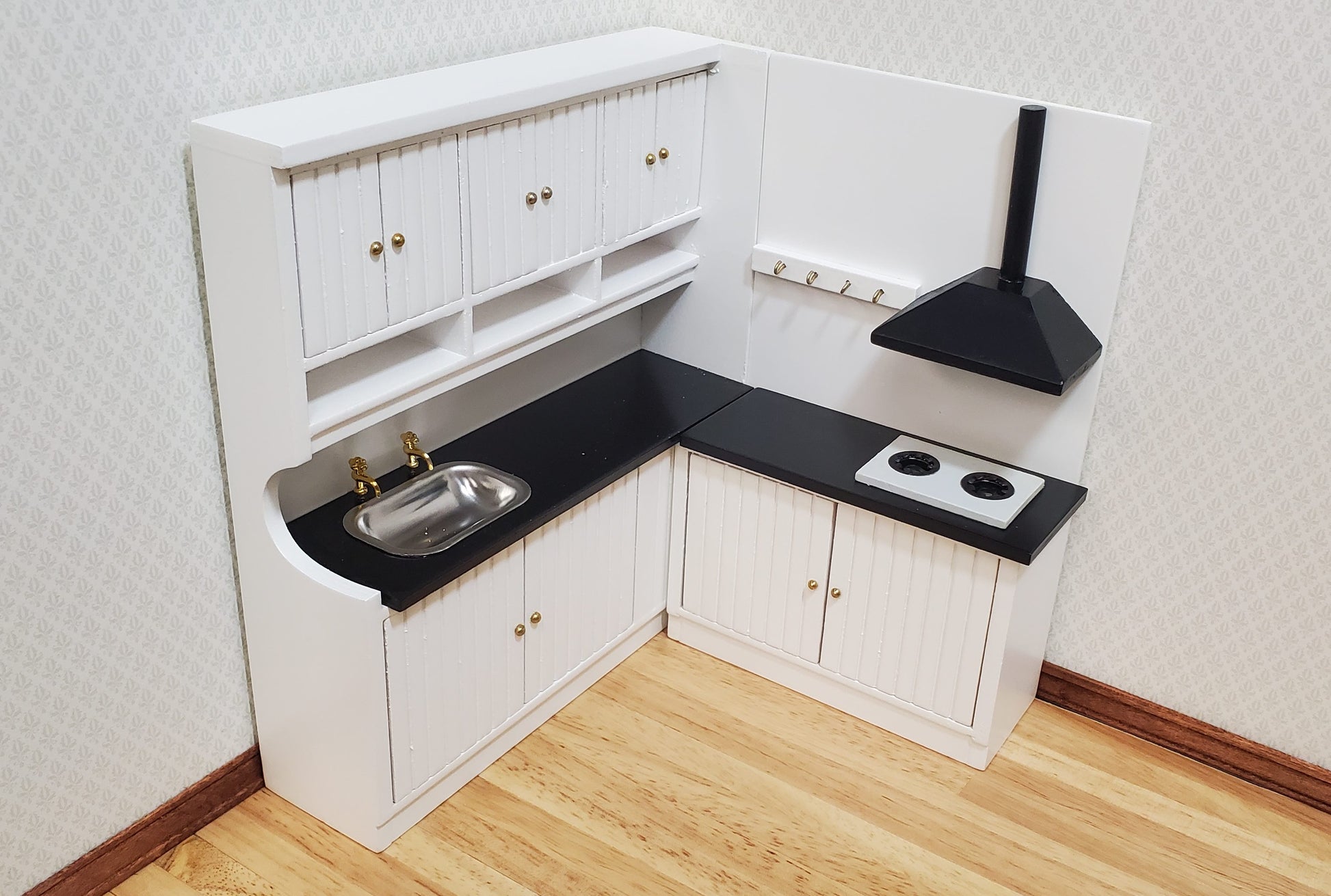 Dollhouse Corner Kitchen Set WHITE Sink Stove Top Cabinets 1:12 Scale Miniature
