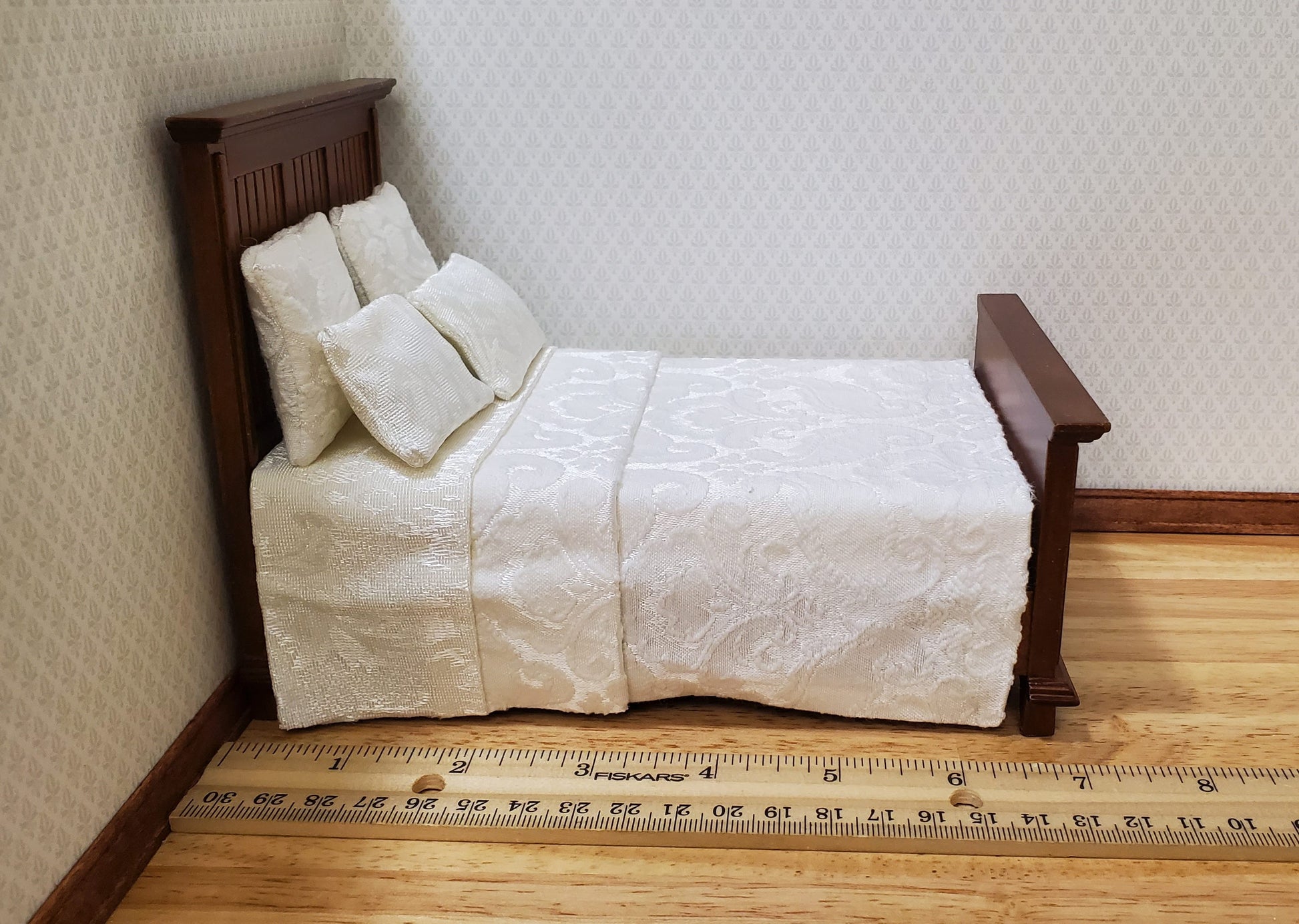 JBM Dollhouse Bed Farmhouse Country Style Walnut Finish 1:12 Miniature Furniture