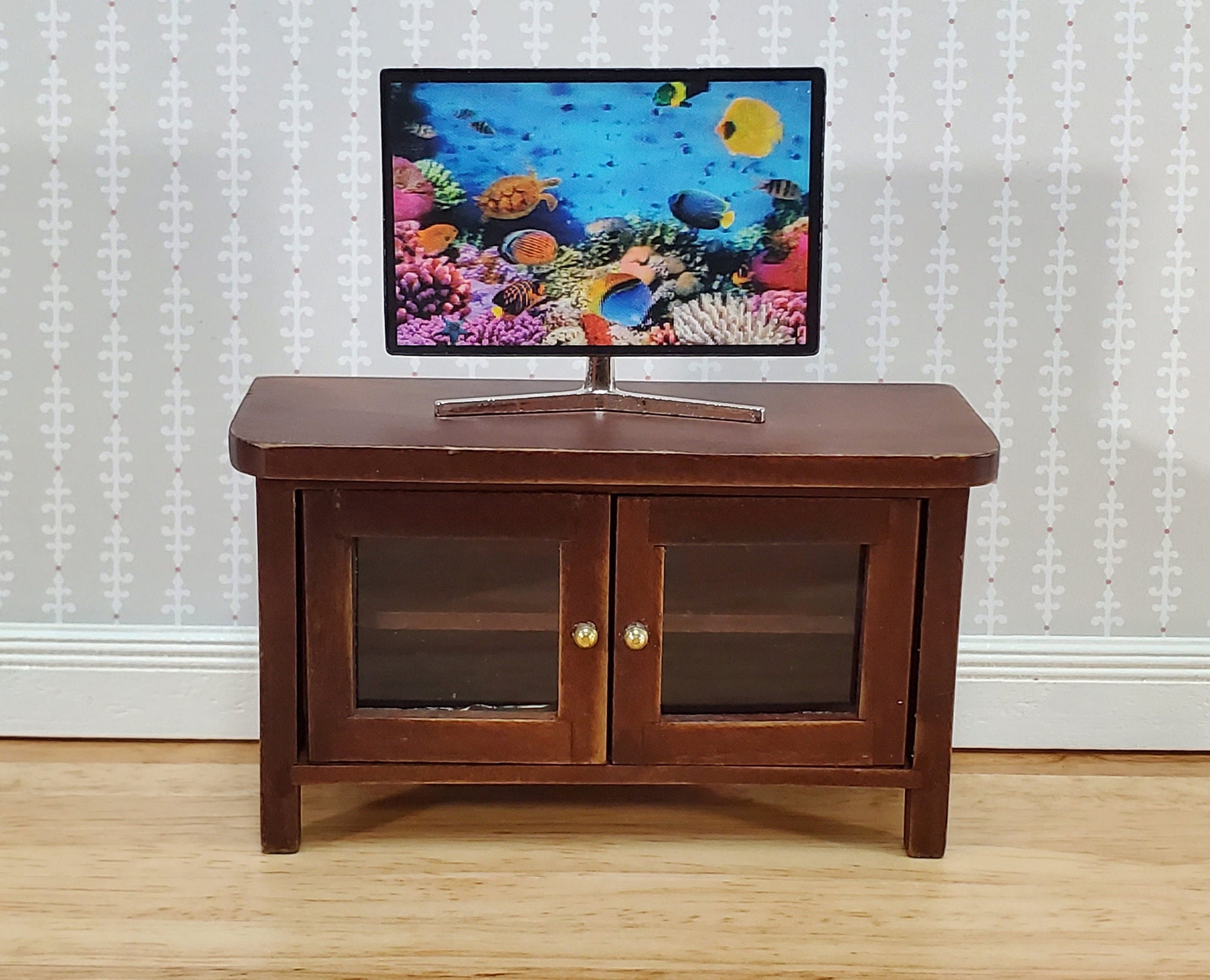 Dollhouse TV Media Stand Low Cabinet Modern Style Walnut Finish 1:12 Scale Miniature Furniture