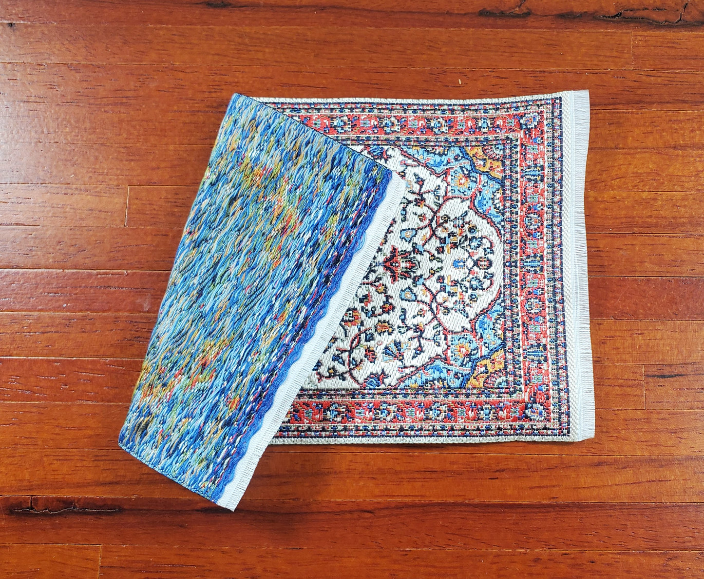 Dollhouse Small Rug Woven Fabric Red Cream Blue 1:12 Scale Victorian Style