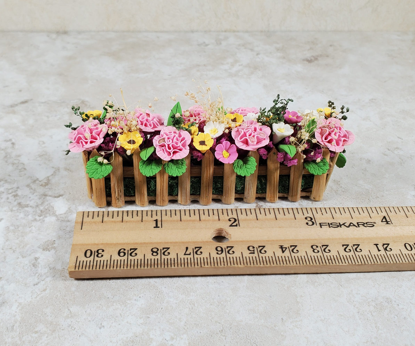 Dollhouse Pink Carnations in a 3.75" Wooden Picket Planter 1:12 Scale Miniature