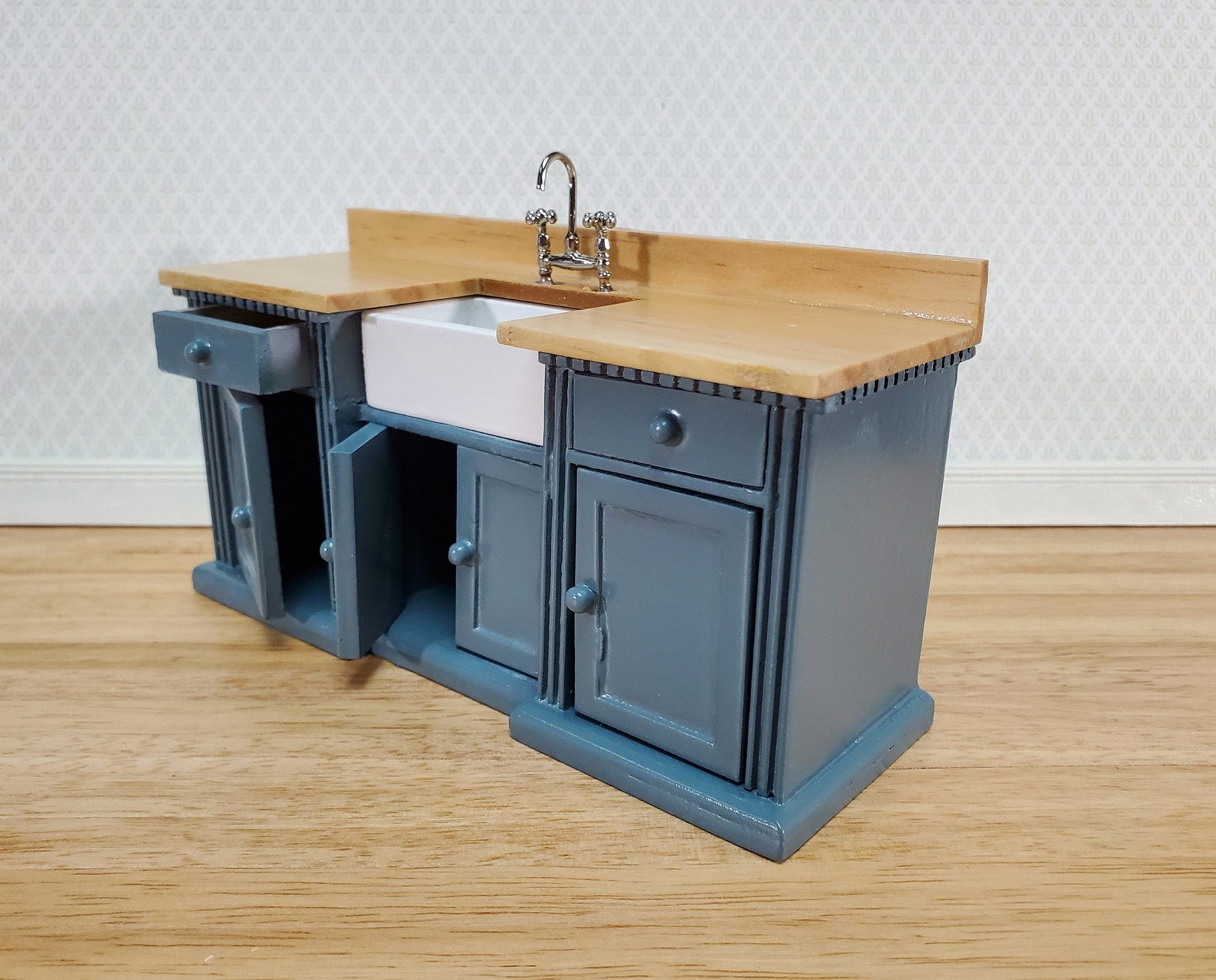 Dollhouse Kitchen Sink Cabinet 1:12 Scale Miniature Blue/Gray Farmhouse Style