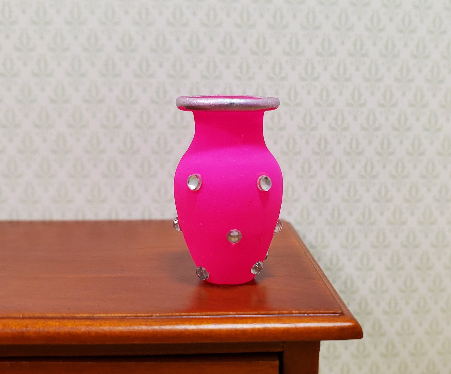 Dollhouse Jeweled Vase Hot Pink & Silver 1:12 Scale Miniature Decor Accessories