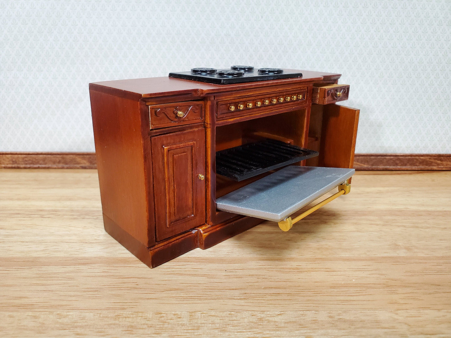 Dollhouse Stove Oven Cabinet Walnut Finish 1:12 Scale Miniature Kitchen Cupboard