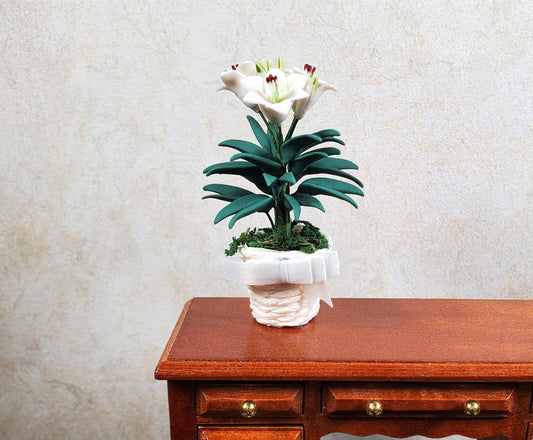 Dollhouse White Easter Lilies in White Basket with Bow 1:12 Scale Miniature