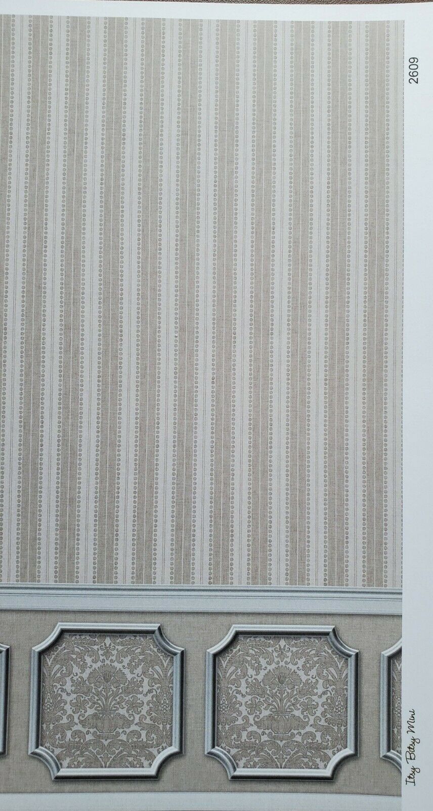 Dollhouse Wallpaper Gray Silver Striped Annabelle Wainscot 1:12 Scale Itsy Bitsy