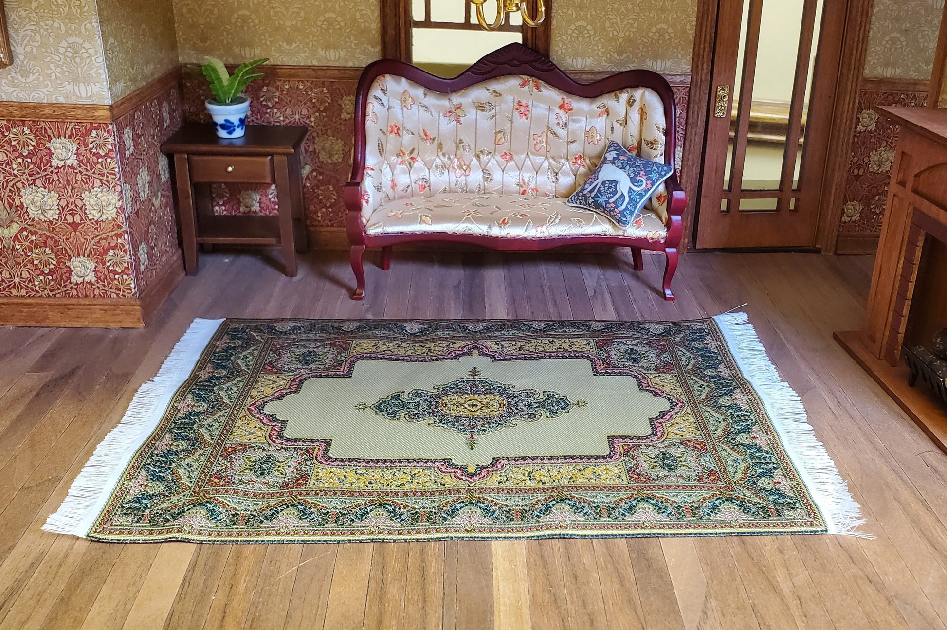 Dollhouse Rug Woven Fabric Gold and Green Victorian Style 1:12 Scale Miniature