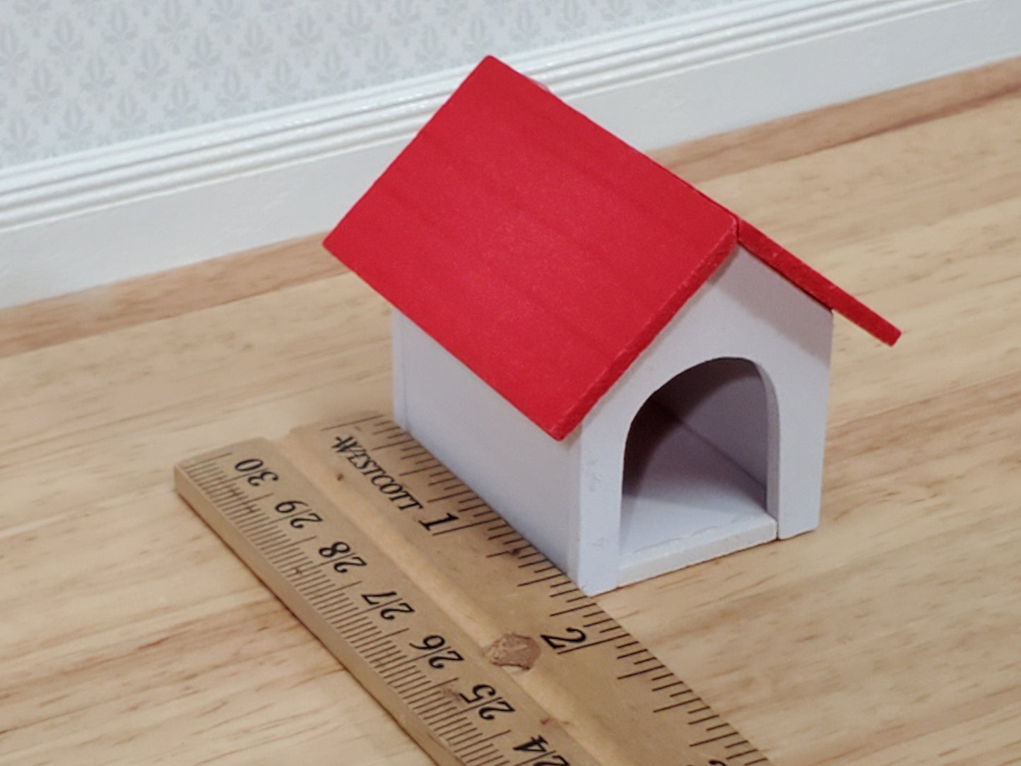 Dollhouse HALF SCALE Dog House Kennel Small Wood 1:14 Scale Miniature Red and White