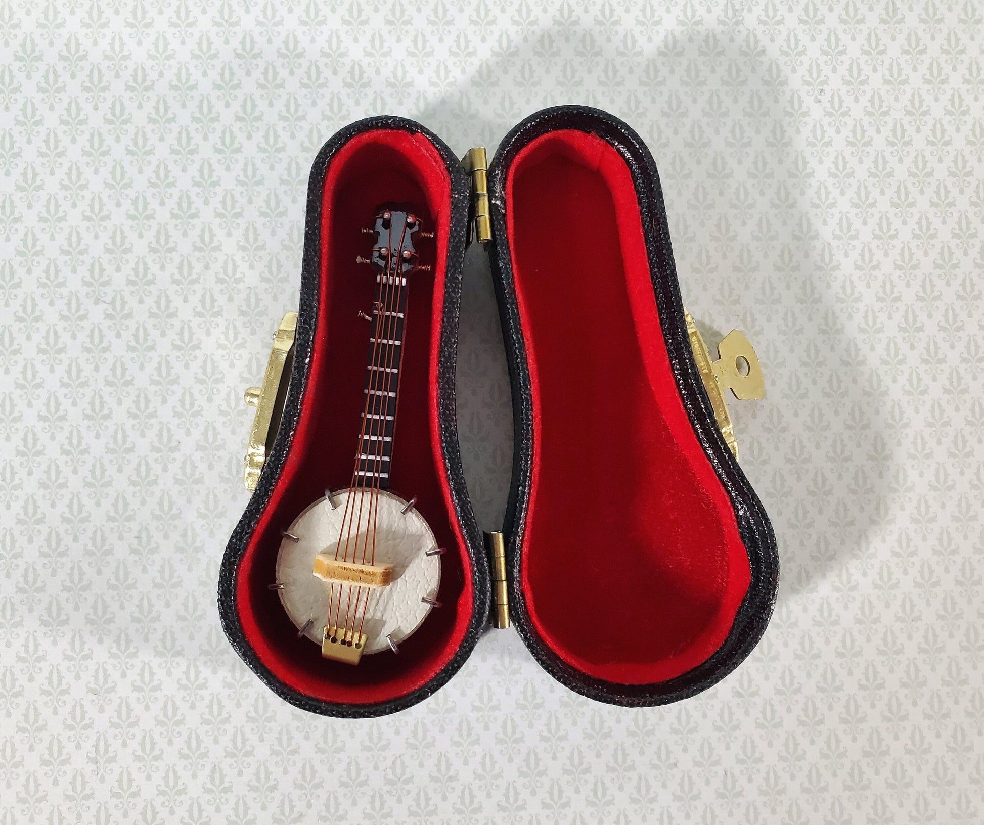 Miniature Banjo Instrument with Case 2 3/4" 1:12 Scale Ornament Prop