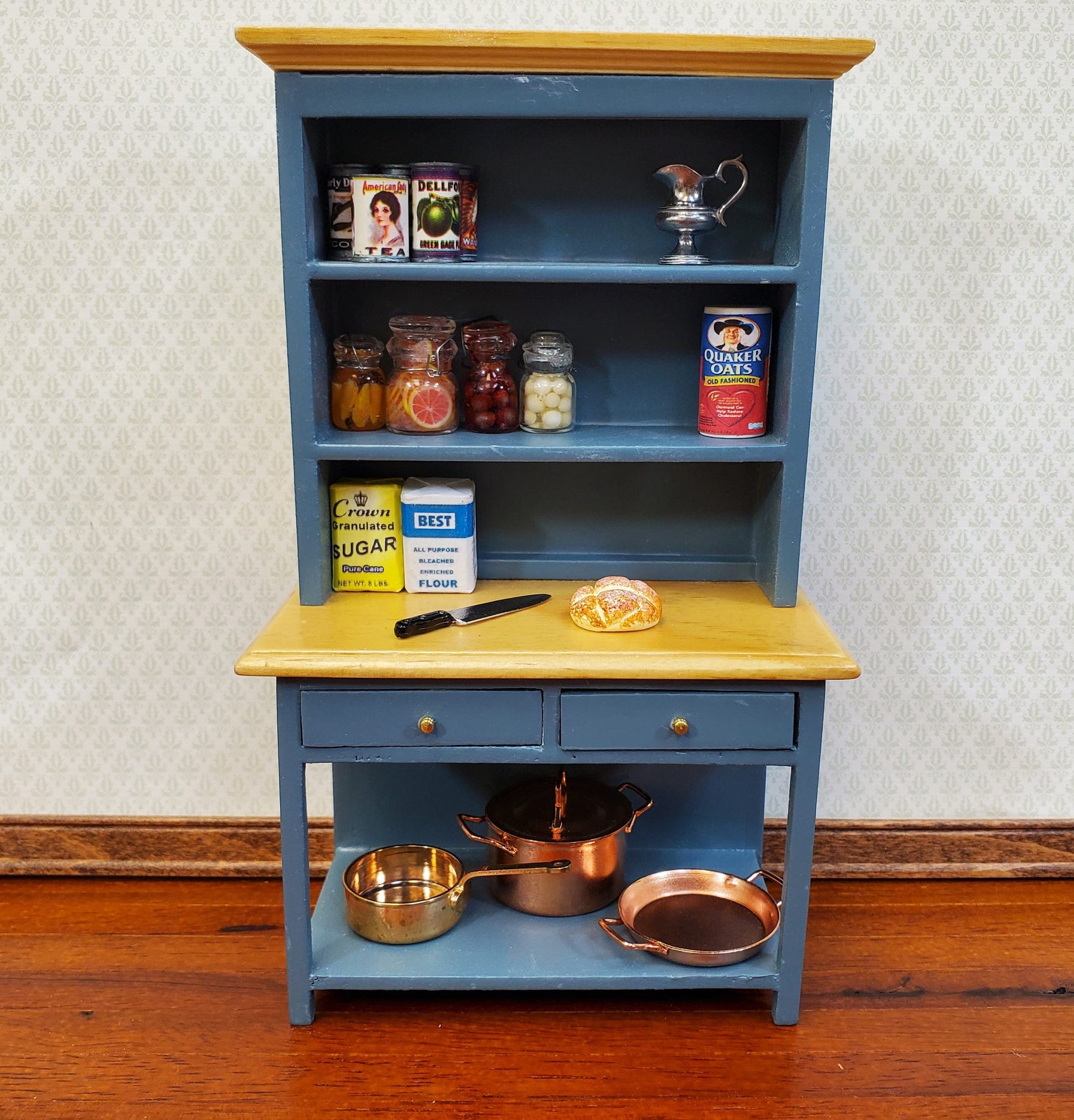 Dollhouse Kitchen Hutch Cabinet Cupboard 1:12 Scale Blue Gray Finish