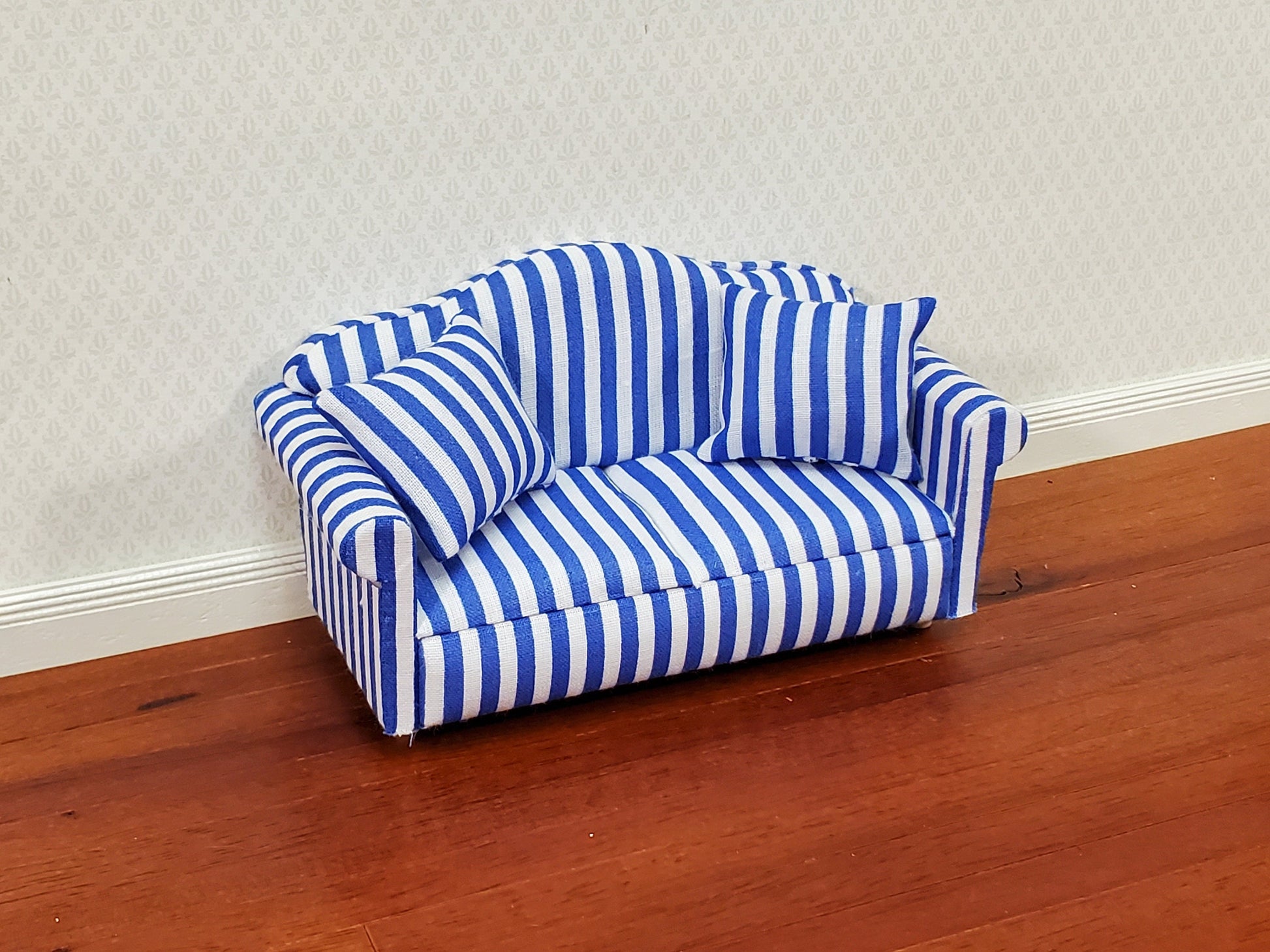 Dollhouse Sofa Couch Modern Blue & White Striped 1:12 Scale Miniature Furniture