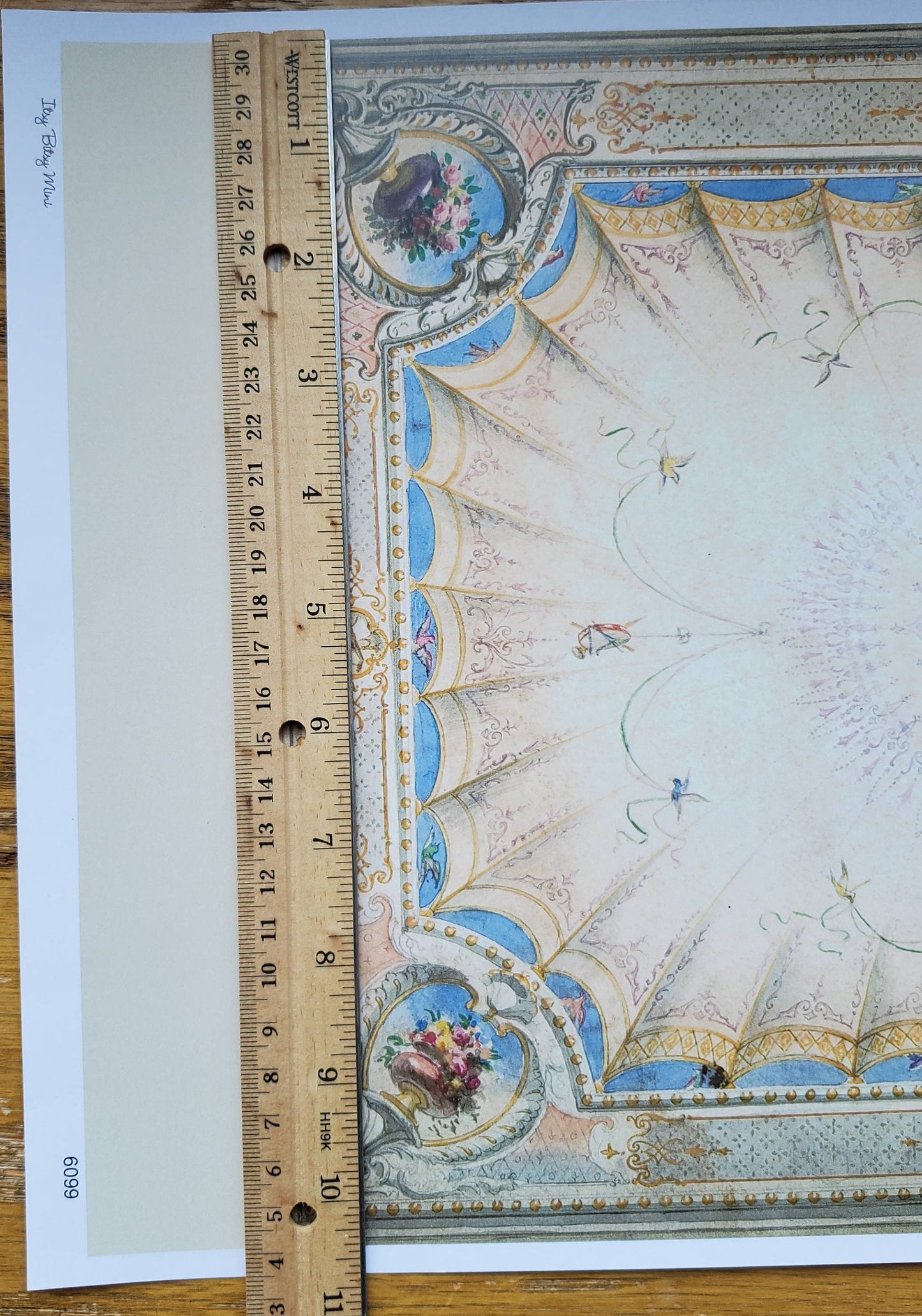 Dollhouse Ceiling Mural Wallpaper Painted Style Cream Blue Floral 1:12 Scale Itsy Bitsy