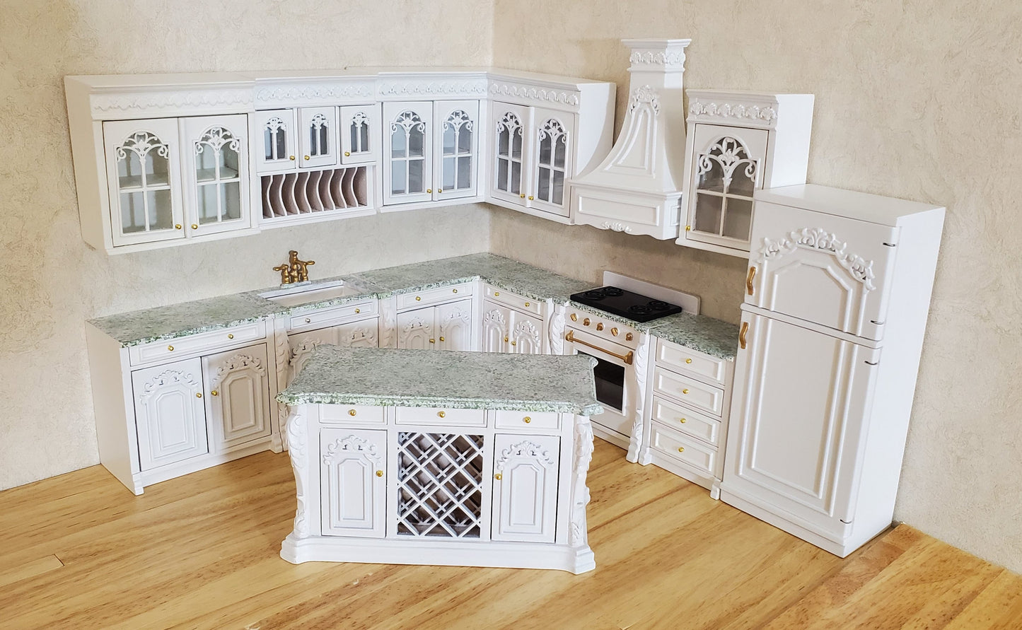 JBM Dollhouse Deluxe Kitchen Set 12 Pcs Stove Sink Cupboards Fridge White 1:12
