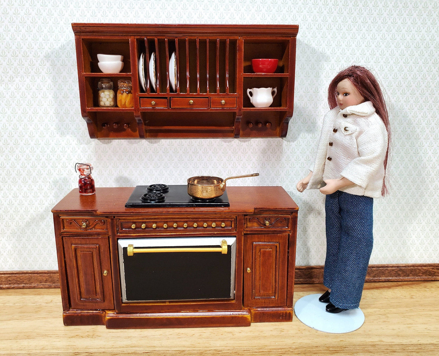 Dollhouse Stove Oven Cabinet Walnut Finish 1:12 Scale Miniature Kitchen Cupboard