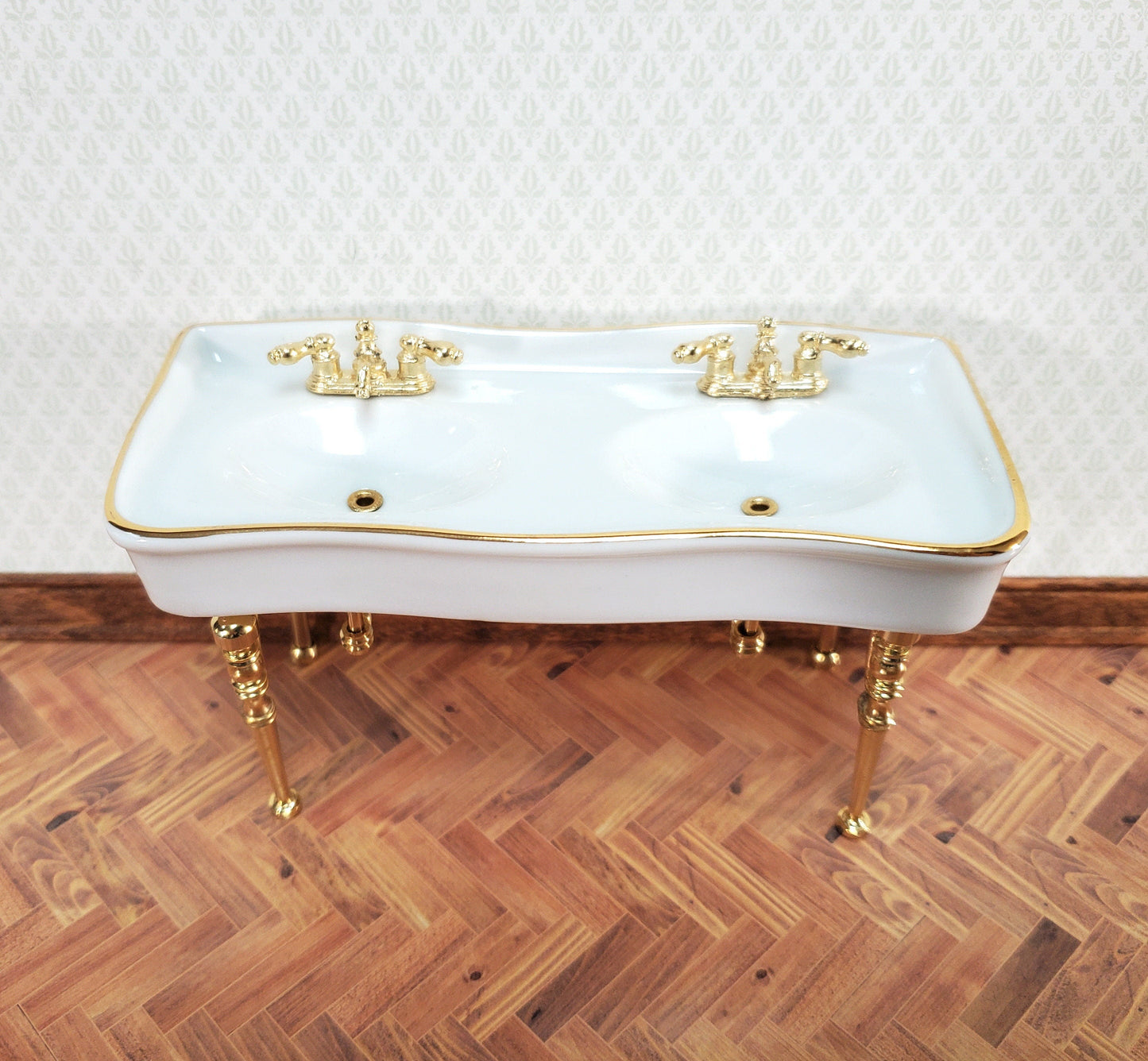 Reutter Porcelain Dollhouse Double Sink White Gold Bathroom 1:12 Scale Miniature