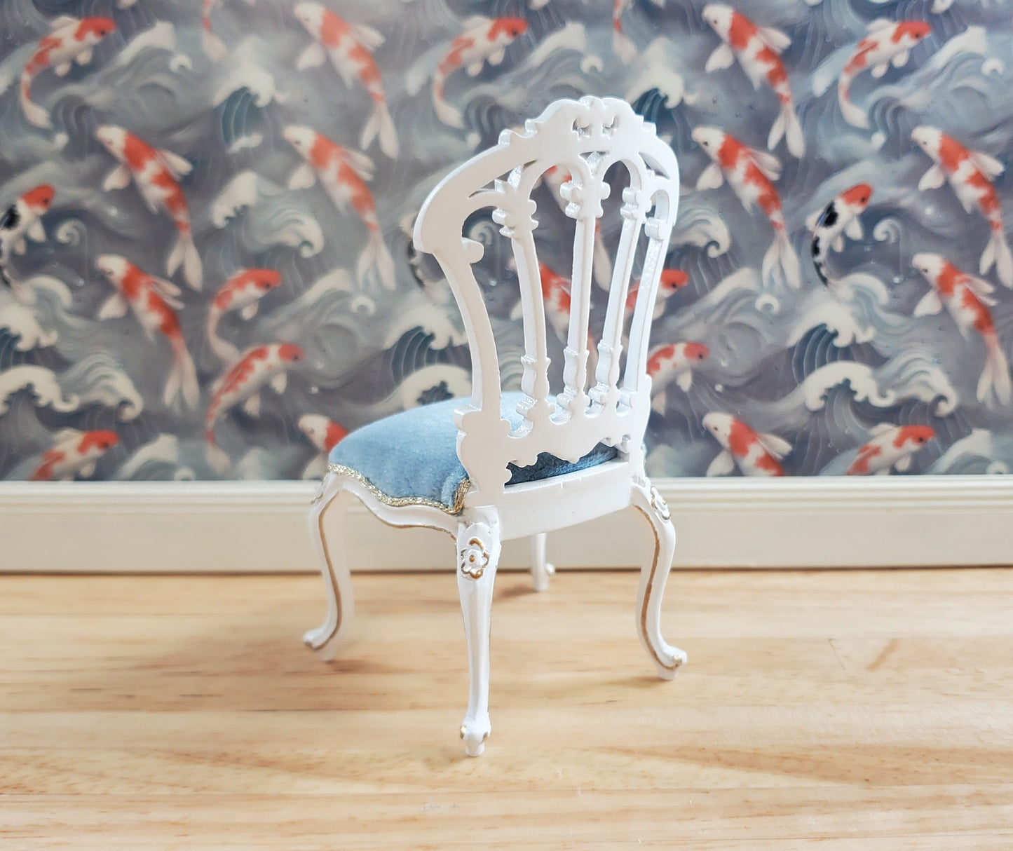 JBM Dollhouse Victorian Dressing Chair White Gold Blue 1:12 Scale Furniture