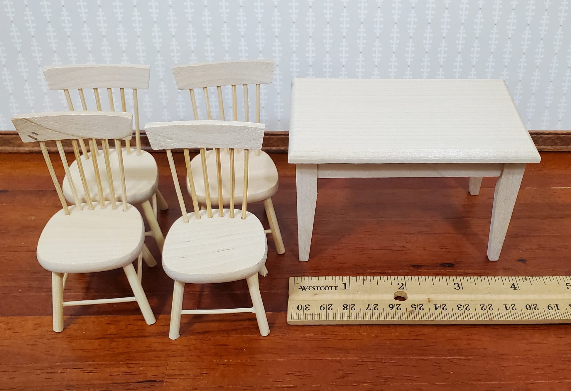 Dollhouse Kitchen Table with 4 Chairs Unpainted 1:12 Scale Miniature Furniture