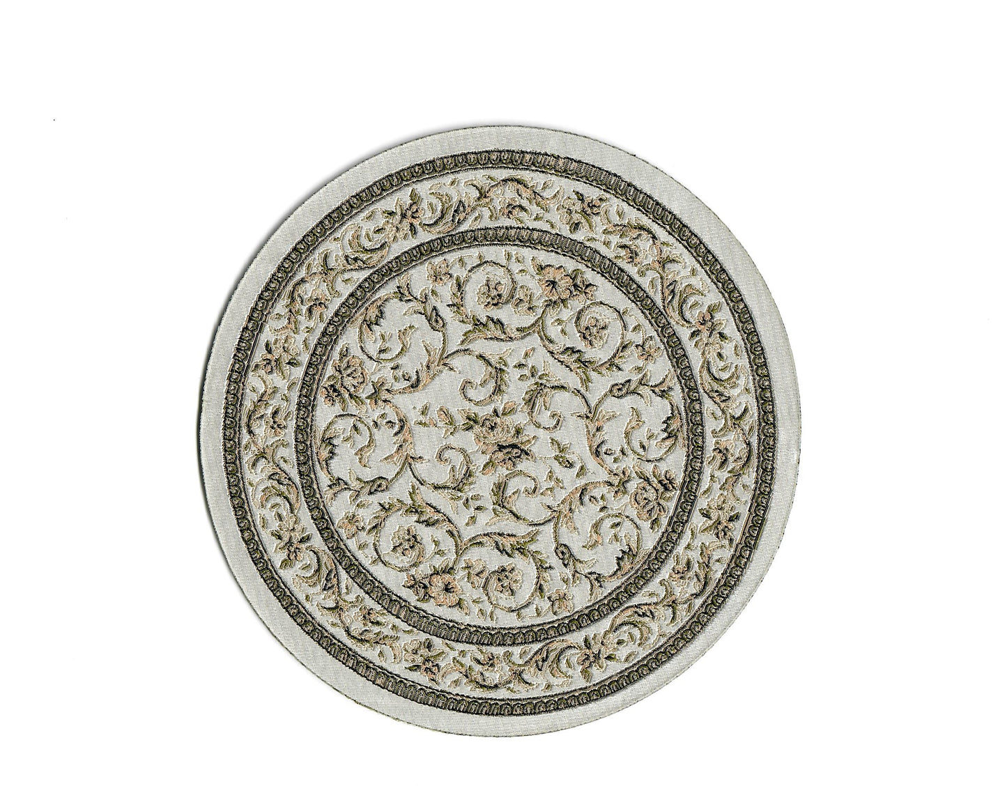 Dollhouse Round Rug Fabric White Black Floral 1:12 Scale Miniature 4.5" Across