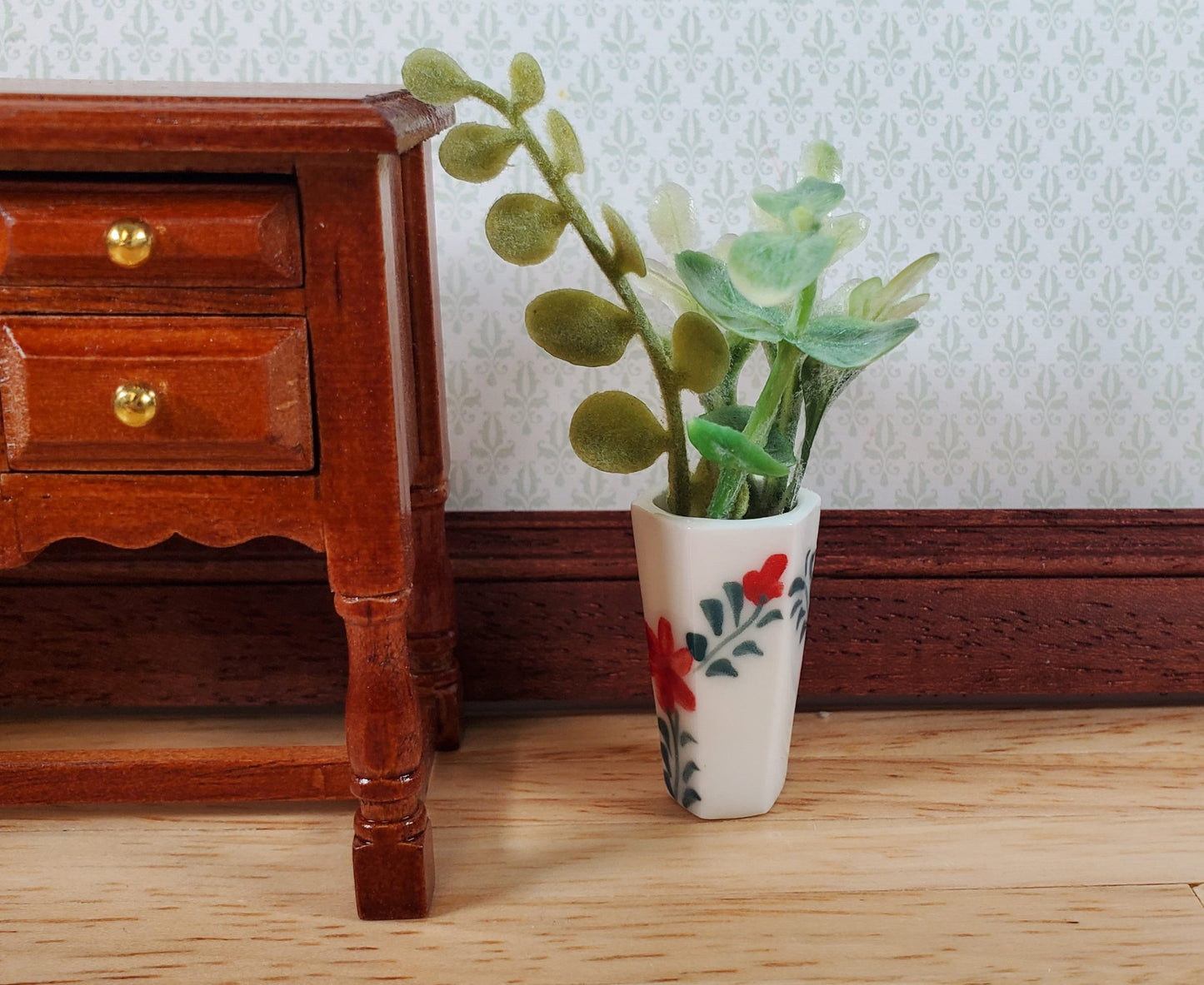 Dollhouse Large Vase White Ceramic Red Flower Design Use in 1:12 or 1/6 Scale