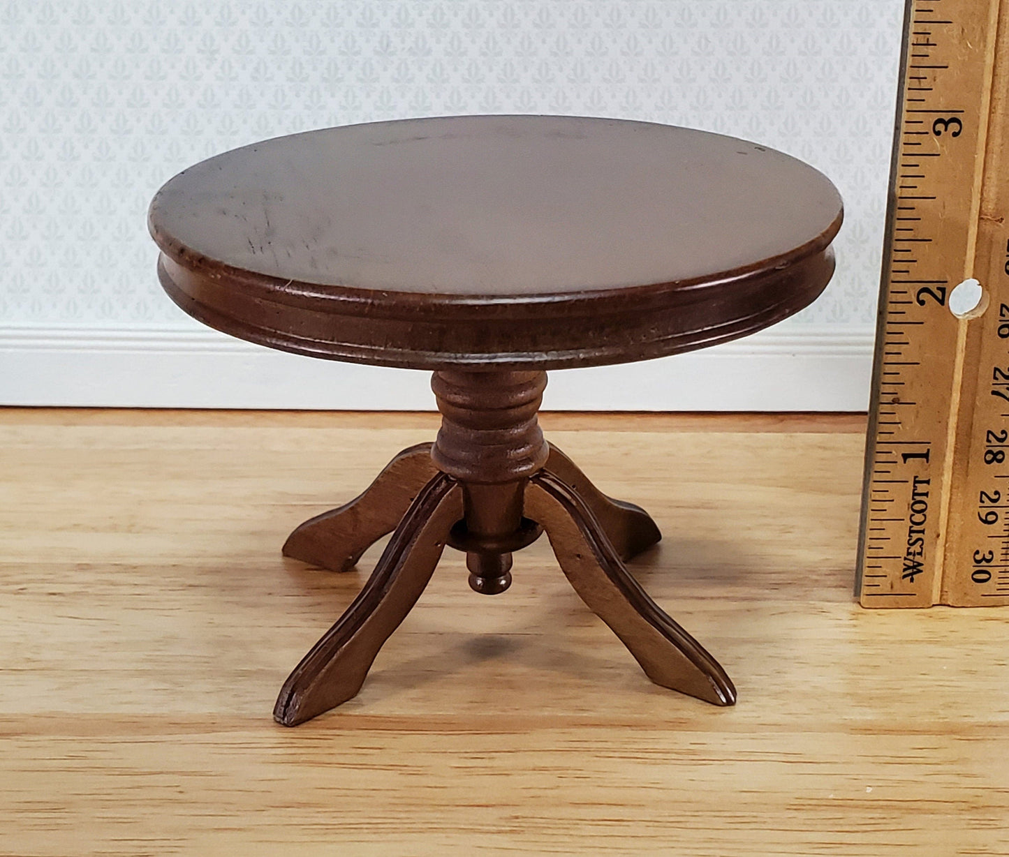 Dollhouse Table Round Pedestal Wood Walnut Finish 1:12 Scale Miniature Kitchen Dining Room
