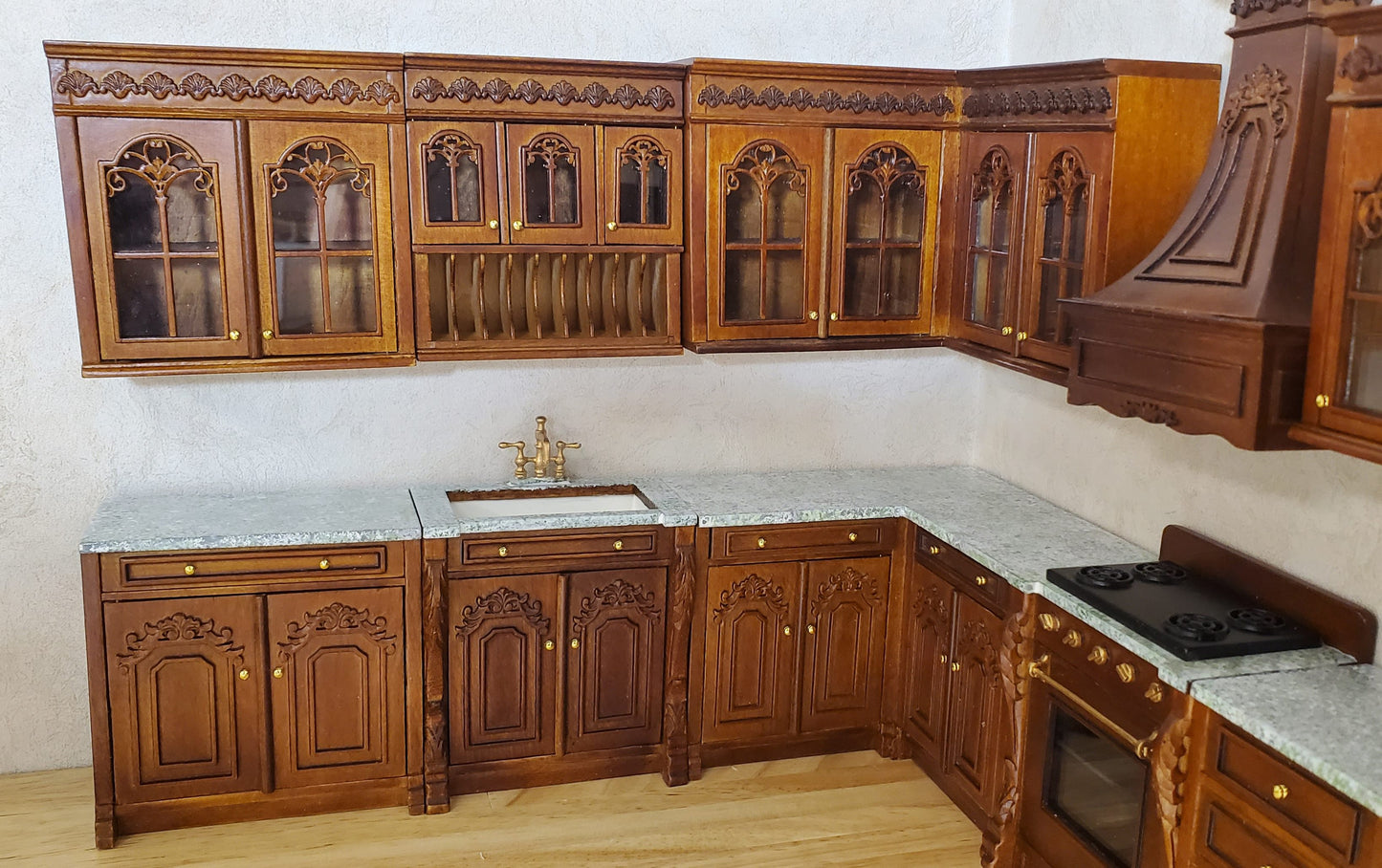 JBM Dollhouse Deluxe Kitchen Set 12 Pcs Stove Sink Cupboards Fridge Walnut 1:12