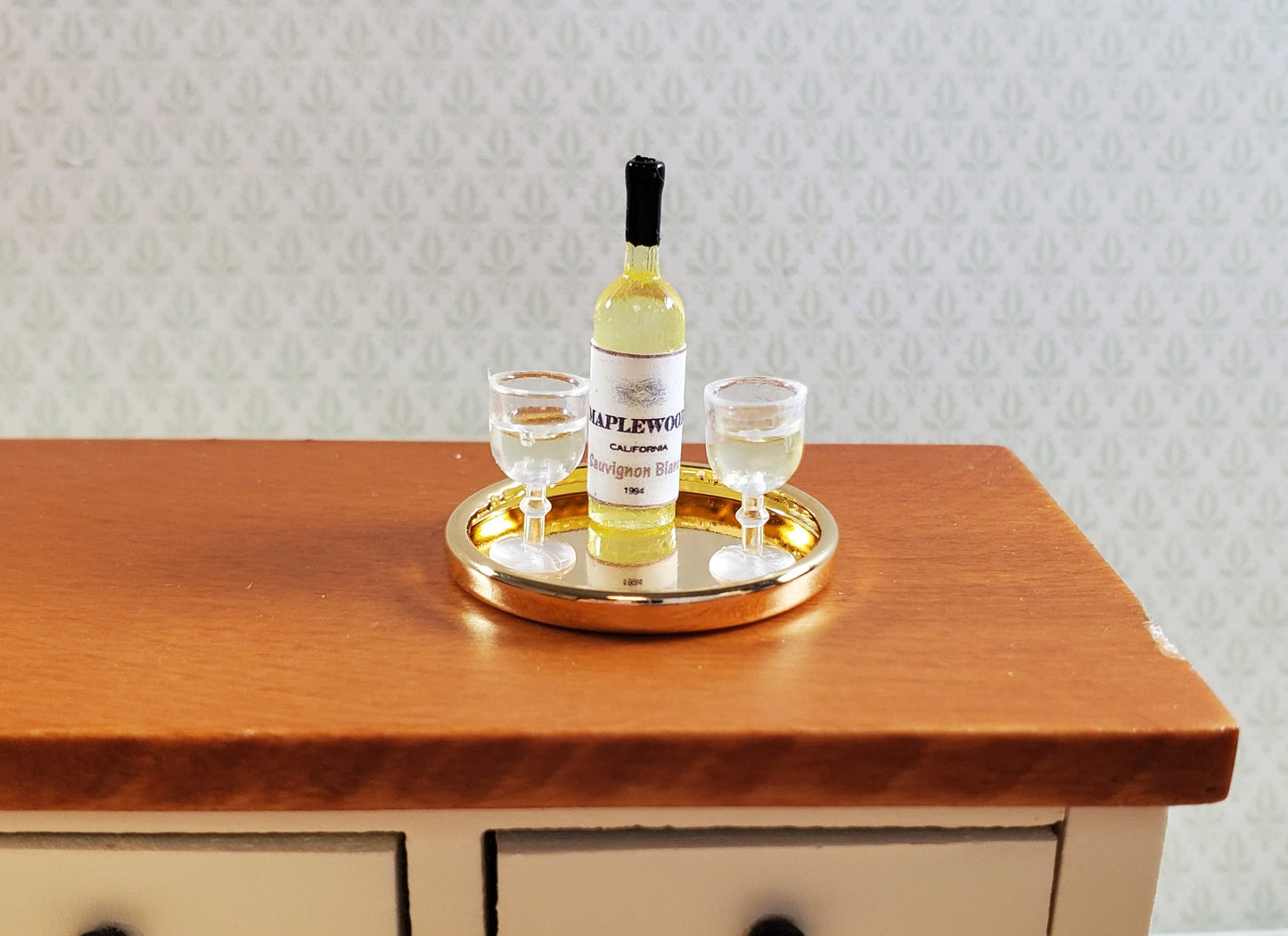 Dollhouse Miniature White Wine Bottle & 2 Filled Wine Glasses on Tray 1:12 Scale