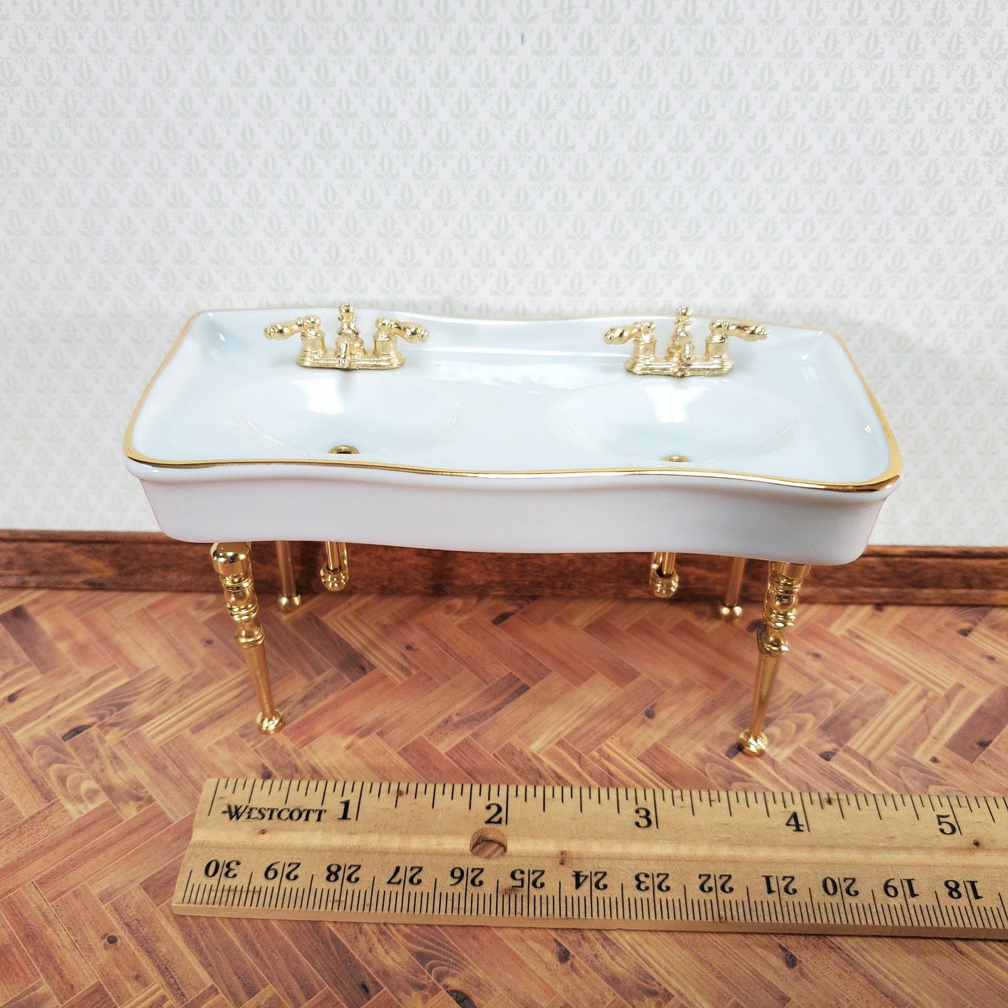 Reutter Porcelain Dollhouse Double Sink White Gold Bathroom 1:12 Scale Miniature