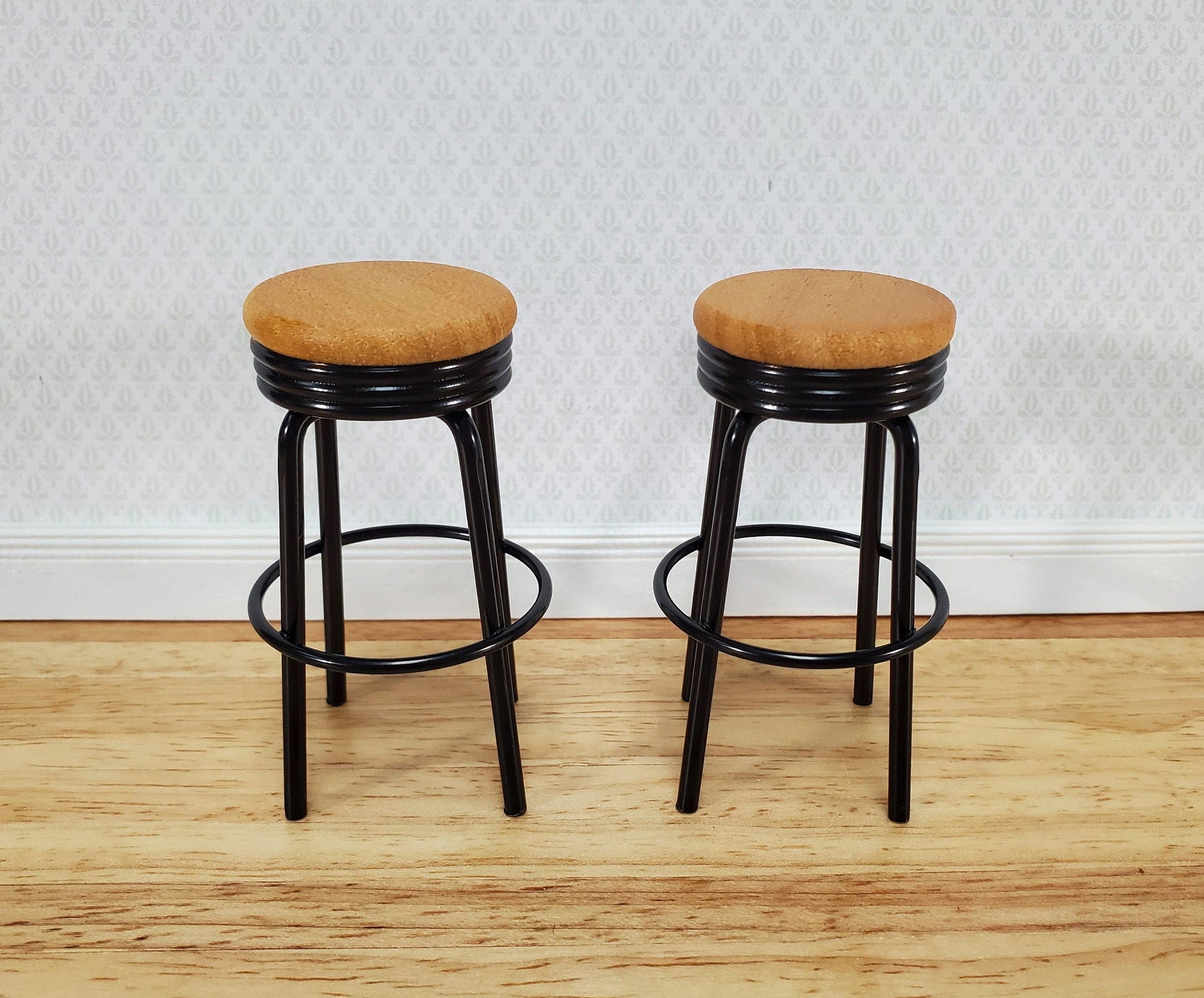 Dollhouse Bar Stools x2 Metal and Wood Black Finish 1:12 Scale Miniature Modern Furniture