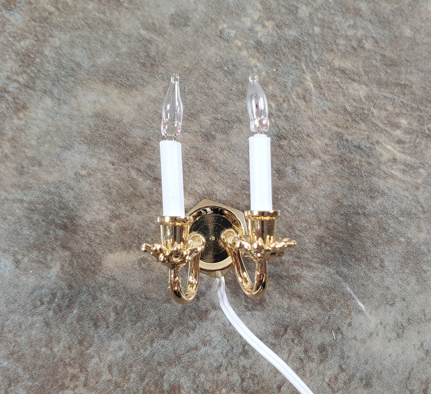 Dollhouse Double Candle Wall Sconce Gold 12 Volt with Plug 1:12 Wall Light