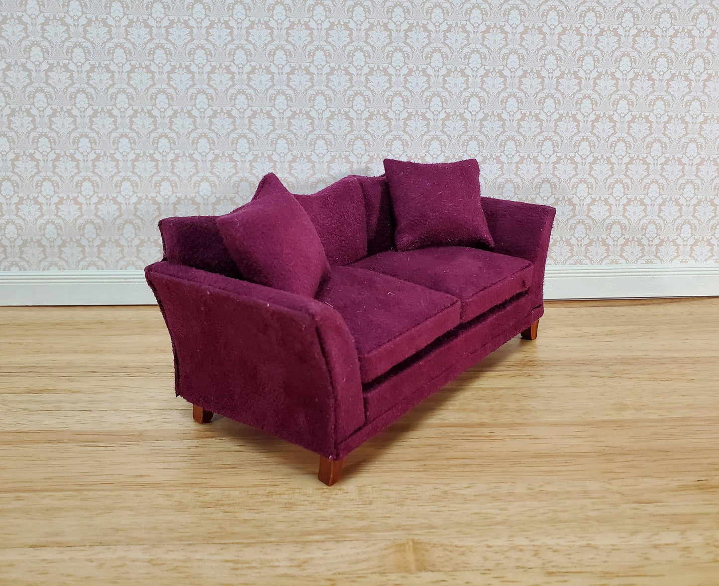 Dollhouse Sofa Couch Plum Burgundy Modern Style 1:12 Scale Miniature Furniture