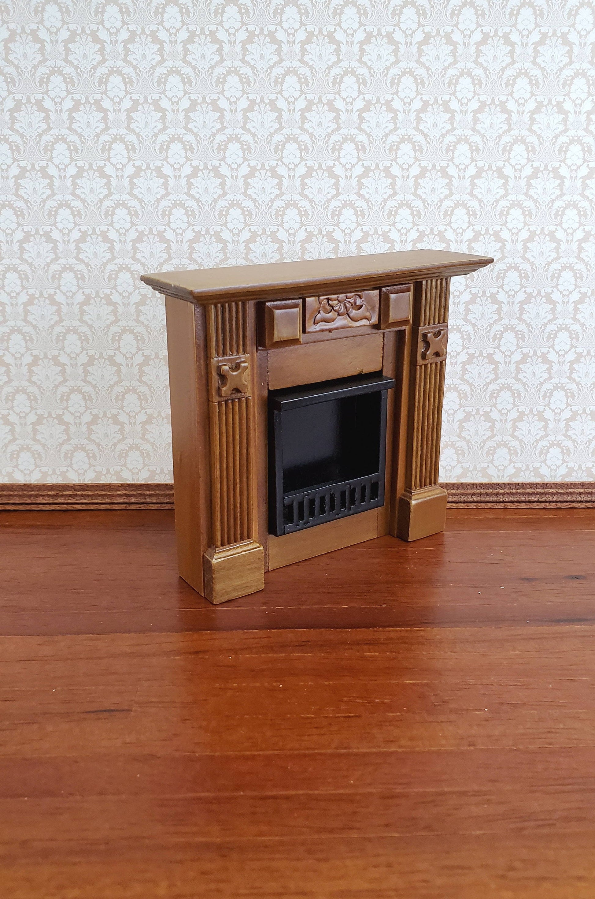 Dollhouse Miniature Fireplace Wood Walnut Finish Small 1:12 Scale Furniture