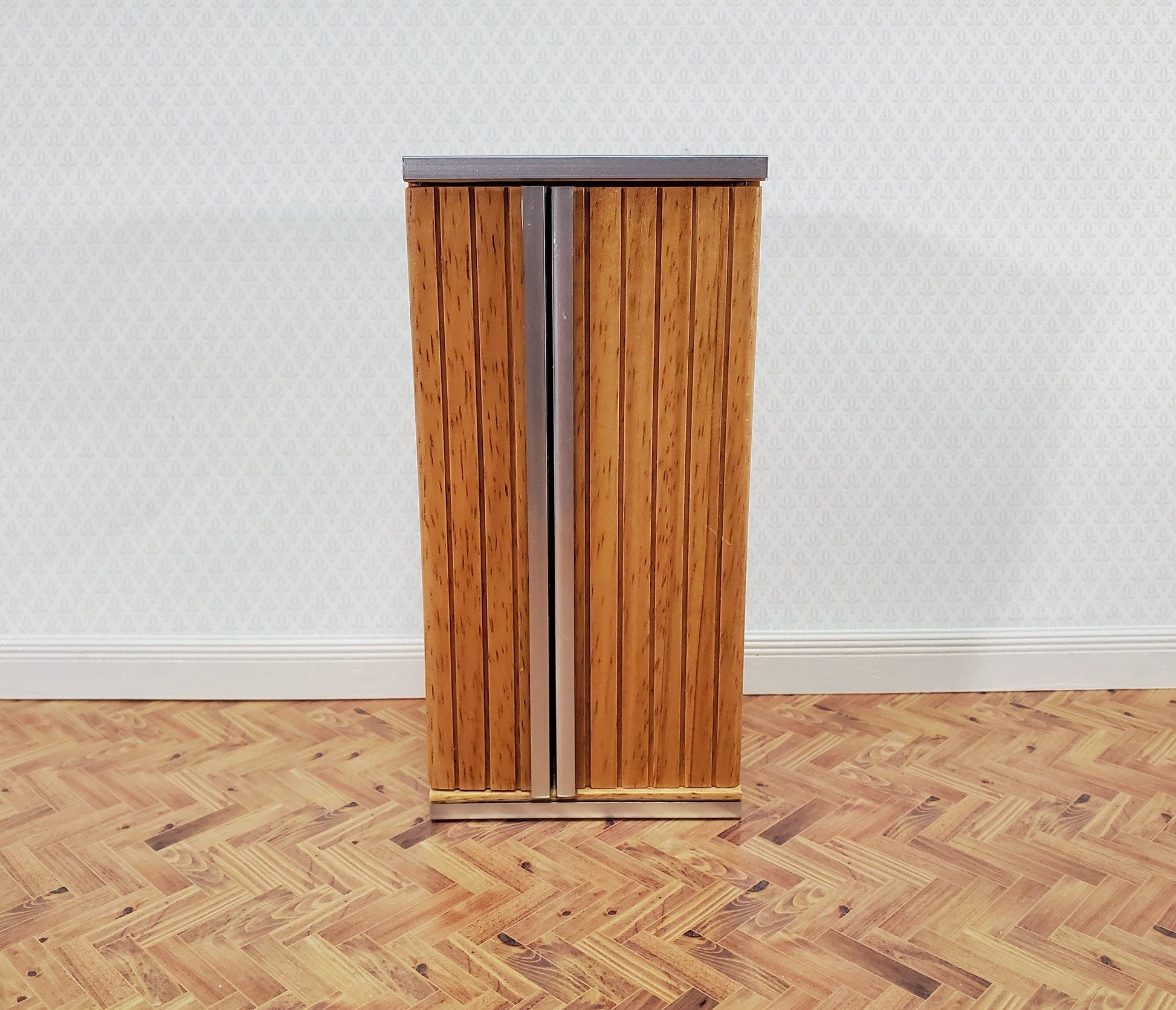 Dollhouse Fridge Modern Refrigerator Oak Finish 1:12 Scale Miniature Wood Furniture