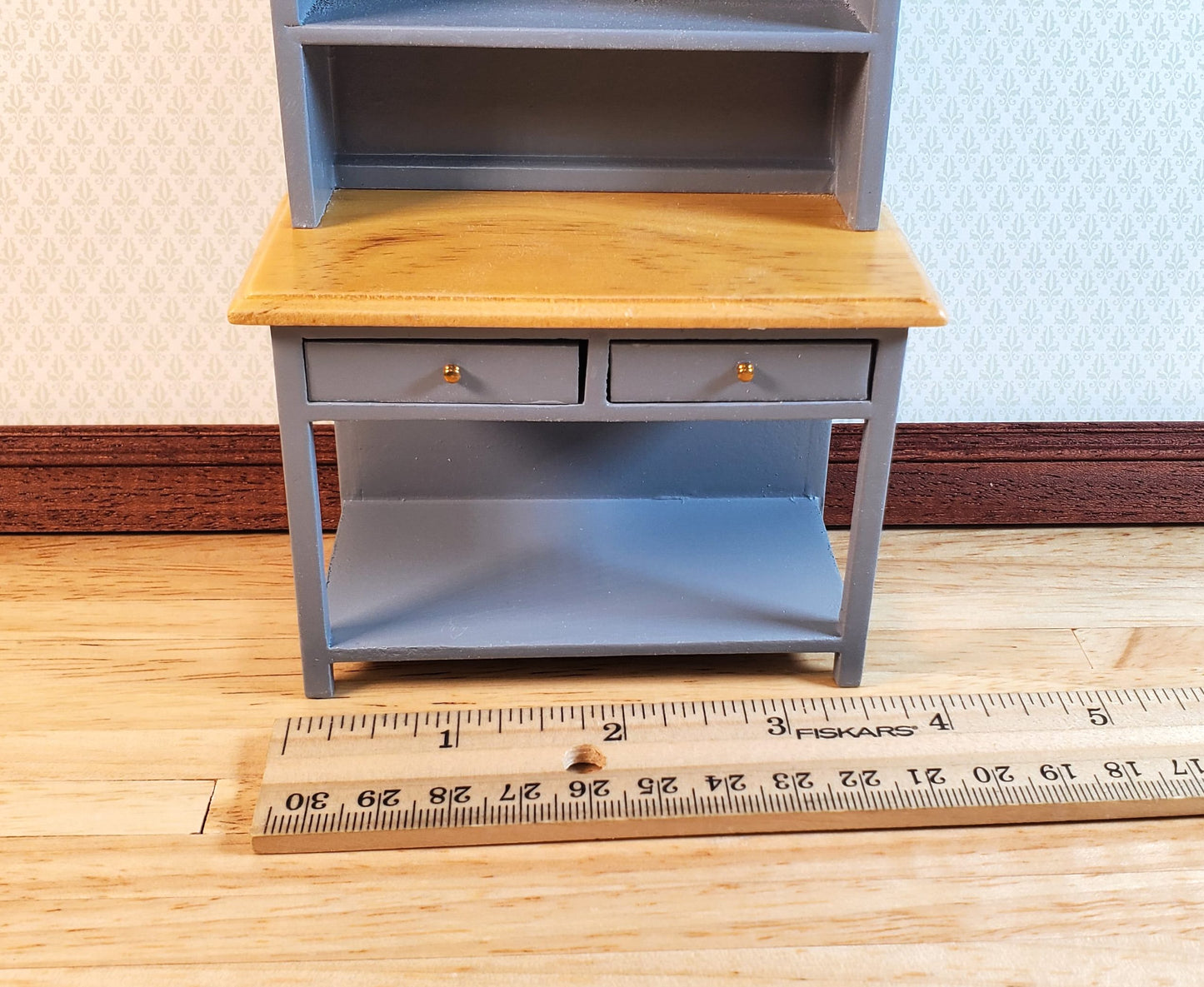 Dollhouse Kitchen Hutch Cupboard Wood 1:12 Scale Miniature Gray Finish