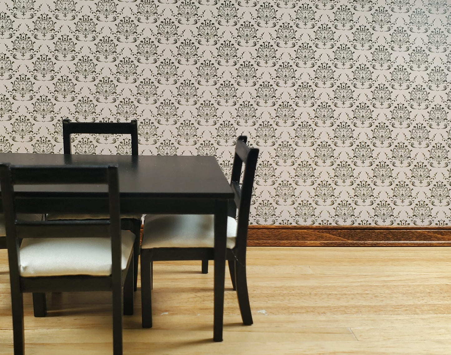Dollhouse Wallpaper Beige Dark Green Damask 3 Sheets 1:12 Scale Miniature