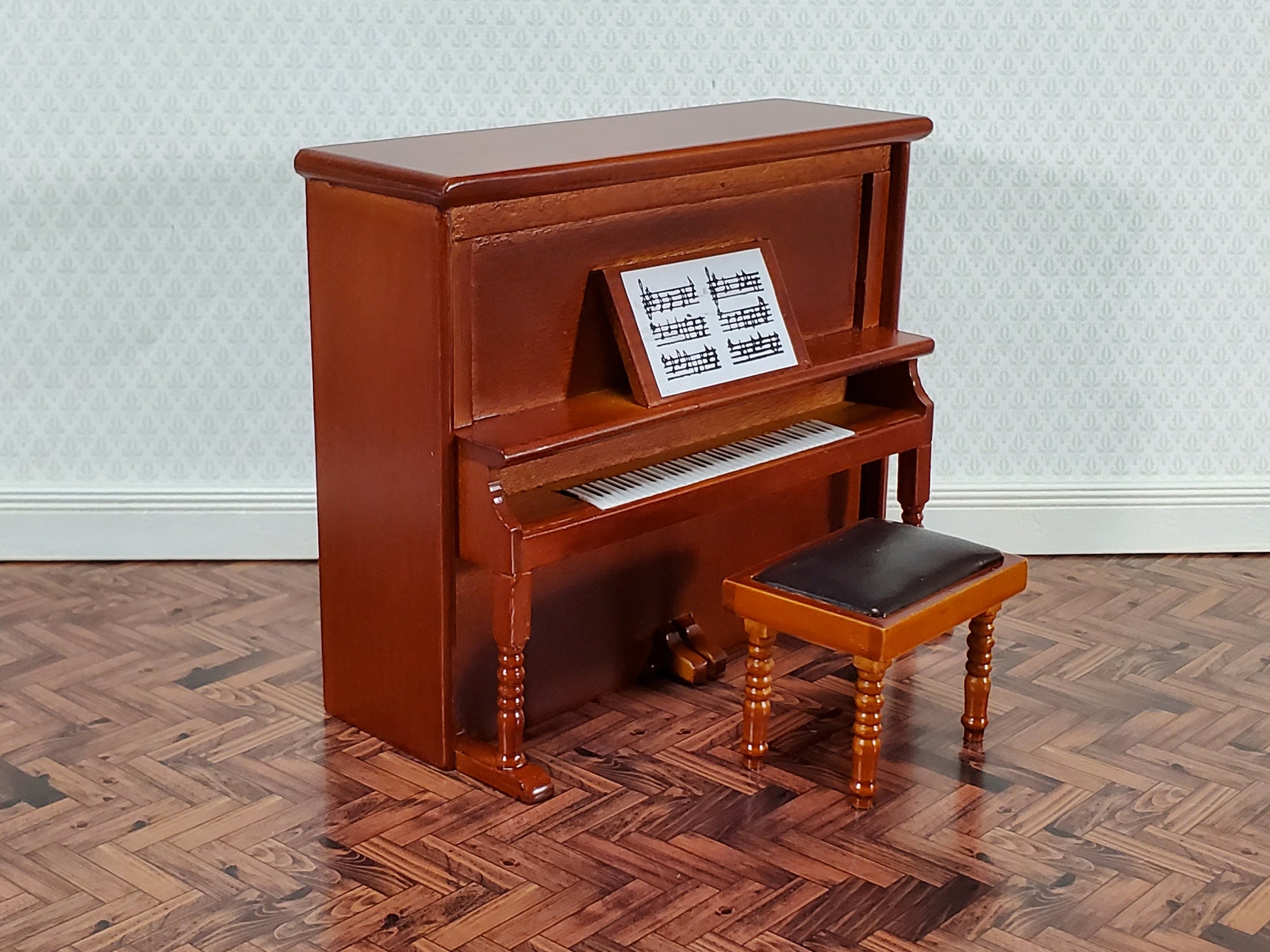 Miniature Upright Piano with Bench Seat Wood Instrument 1:12 Scale Dollhouse Walnut Finish