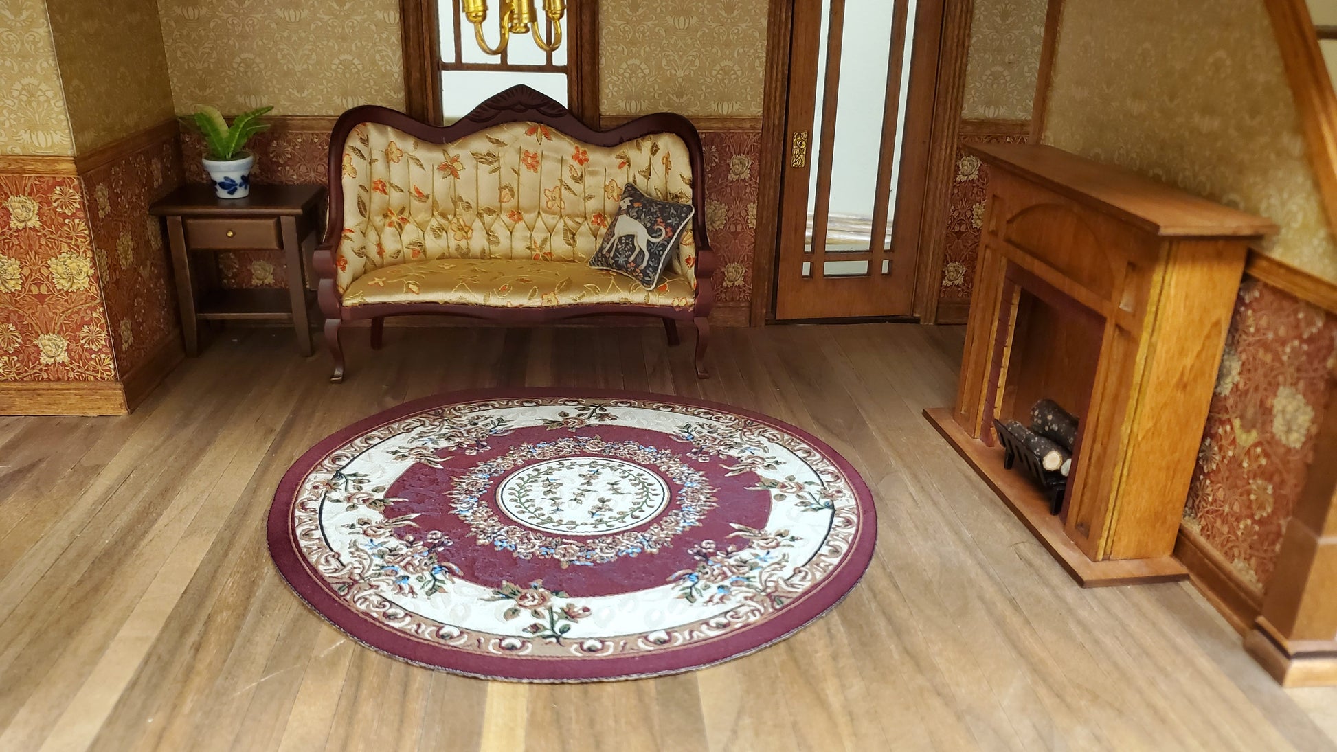 Dollhouse Round Rug Fabric Maroon & Beige Floral 1:12 Scale Miniature 7" Across