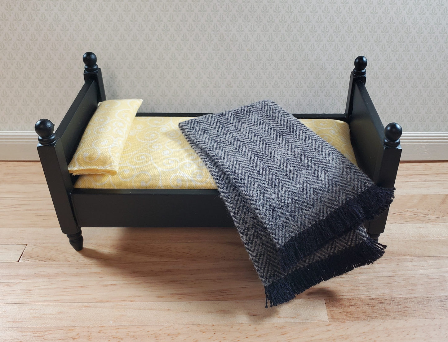 Dollhouse Fringed Blanket Throw Black & White Herringbone Fabric