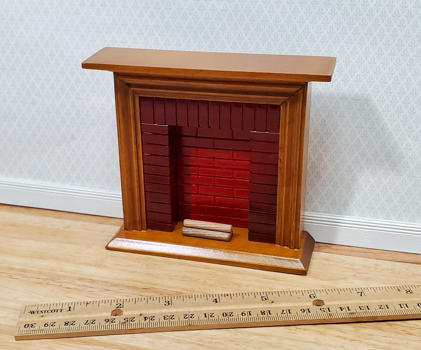 Dollhouse Fireplace with "Brick" Insert Walnut Finish 1:12 Scale Miniature Furniture