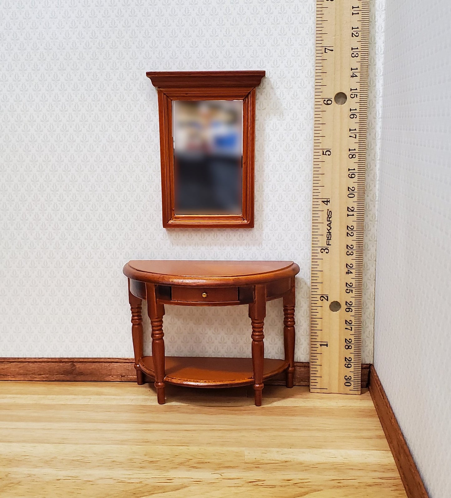 Dollhouse Half Round Table with Mirror 1:12 Scale Furniture Walnut Finish