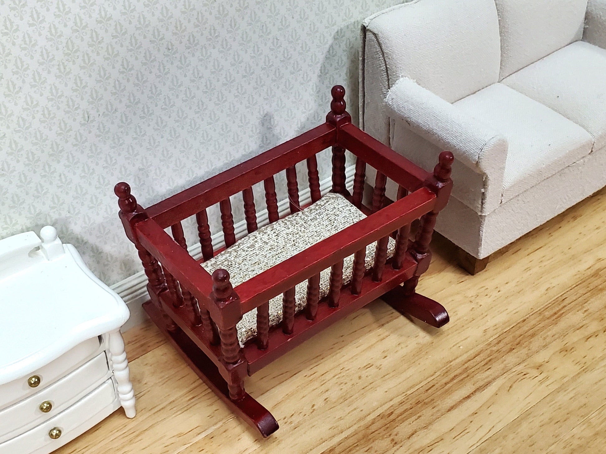 Dollhouse Cradle Crib for Nursery Wood Mahogany Finish 1:12 Scale Miniature Furniture