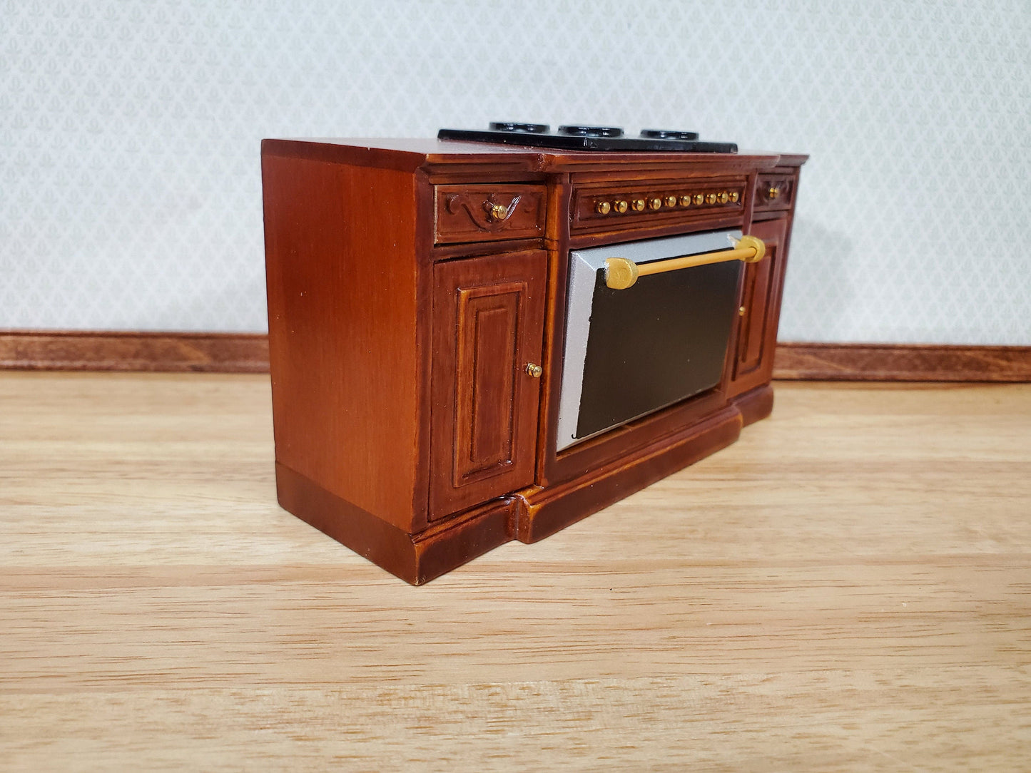 Dollhouse Stove Oven Cabinet Walnut Finish 1:12 Scale Miniature Kitchen Cupboard